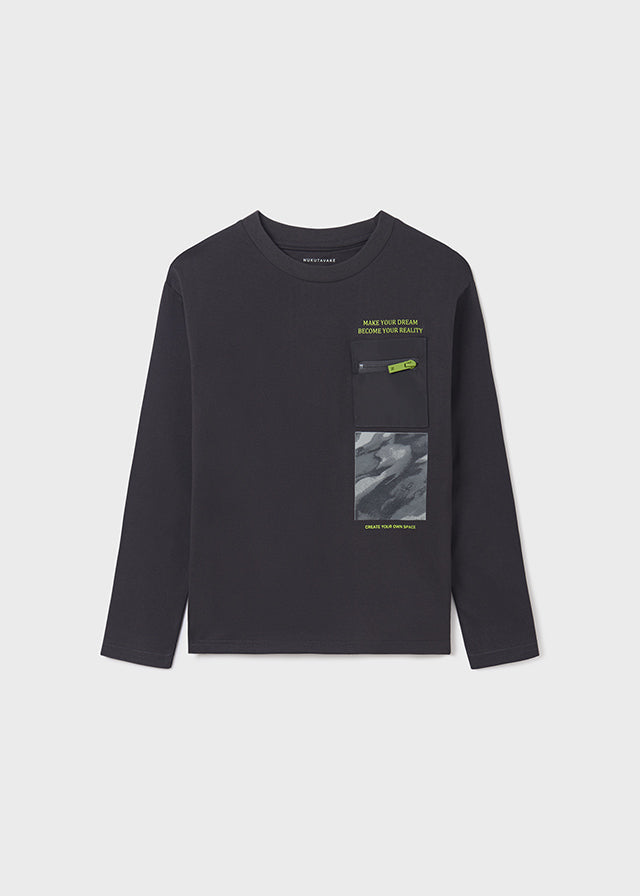 Long Sleeve Pocket T-Shirt for Teen Boys | Carbon Color | Casual Wear, School, and Everyday Outfits