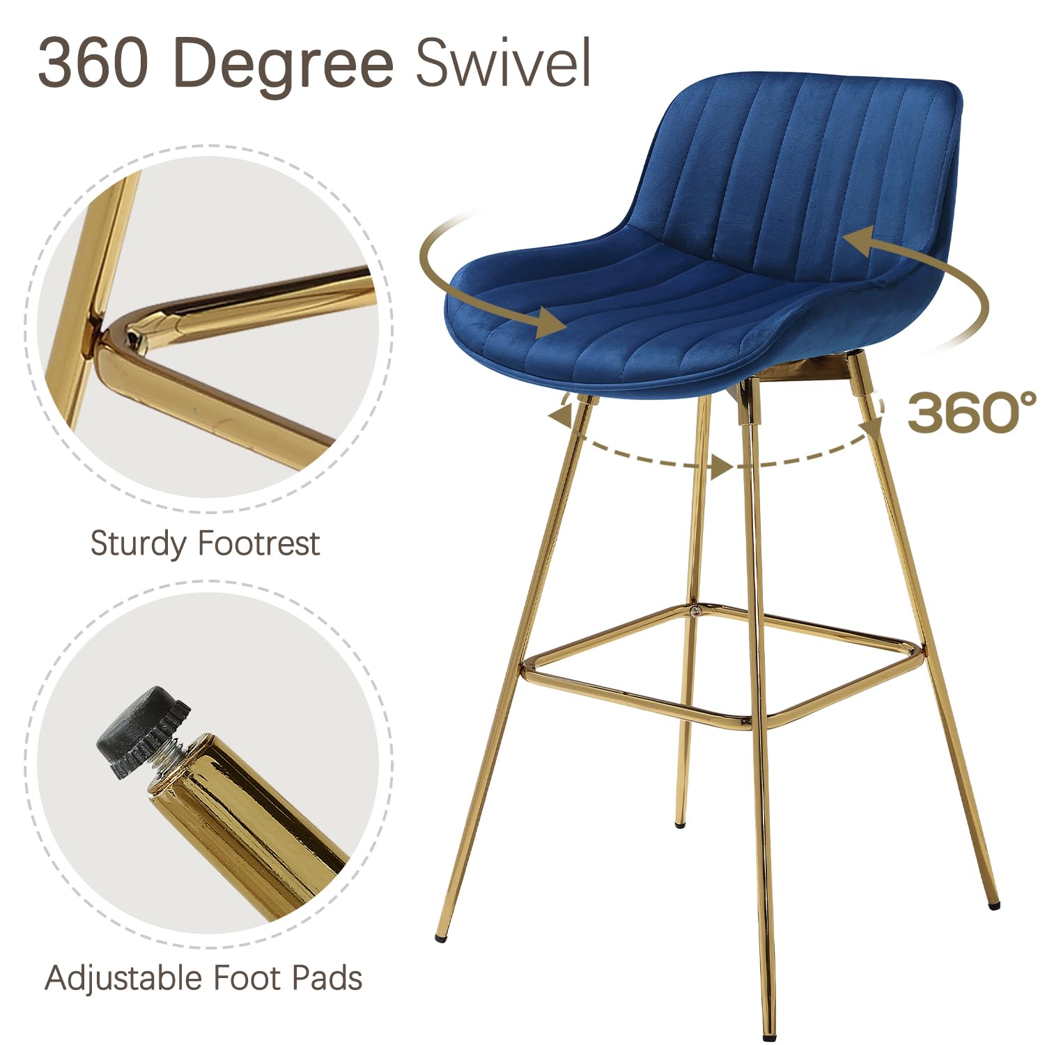 Zouron Swivel Bar Stools Set of 2 - Counter Height Kitchen Island Stools with Back & Gold-Plated Metal Legs, Velvet Upholstered Bar Chairs in Blue - Perfect for Kitchen, Dining Room & Home Bar Decor