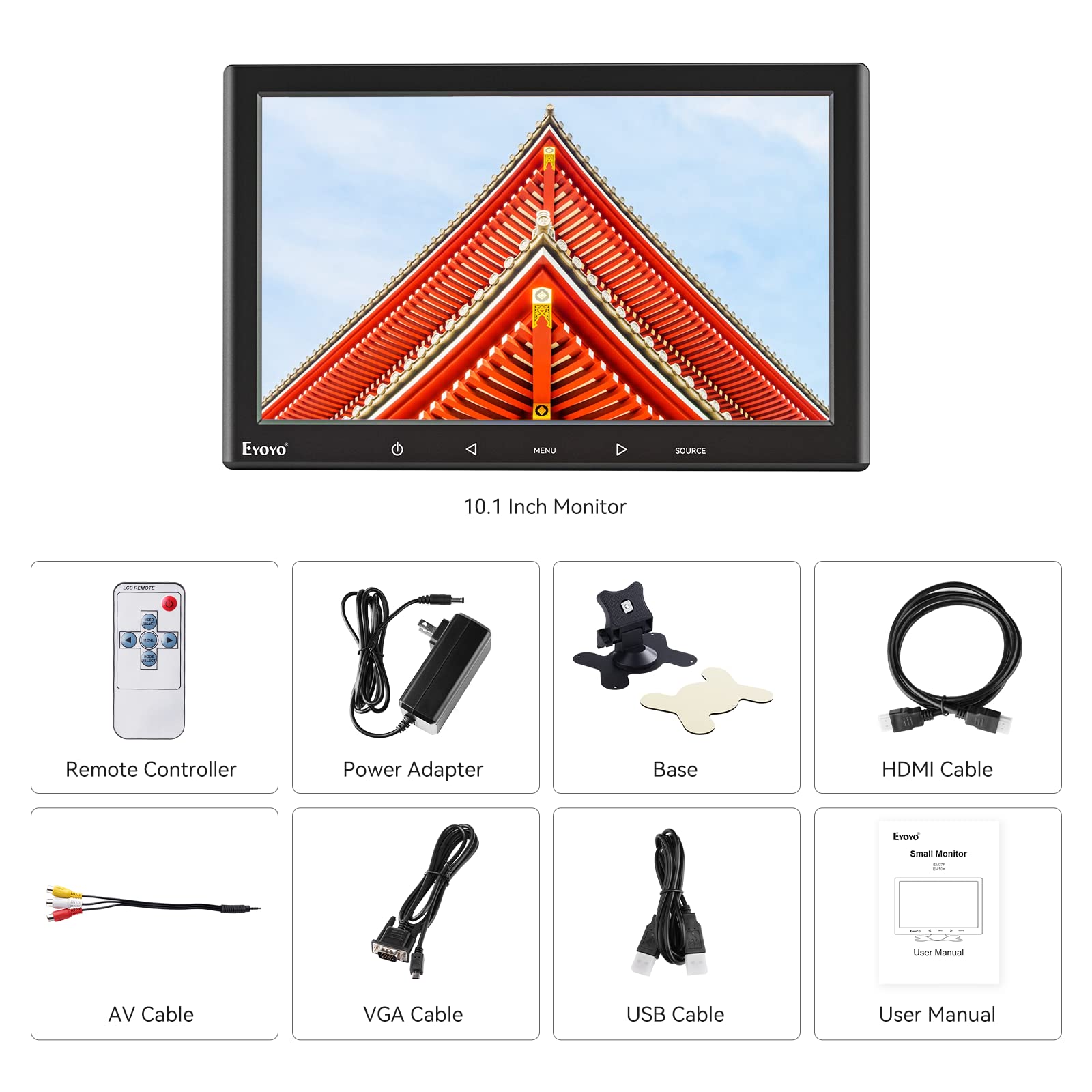 Eyoyo 10 Inch Mini Monitor - 1024x600 HD LCD Screen with HDMI/VGA/AV/USB Inputs | Portable Computer Display for Home Office, Security Systems, POS, Car Backup Camera & Gaming Setup