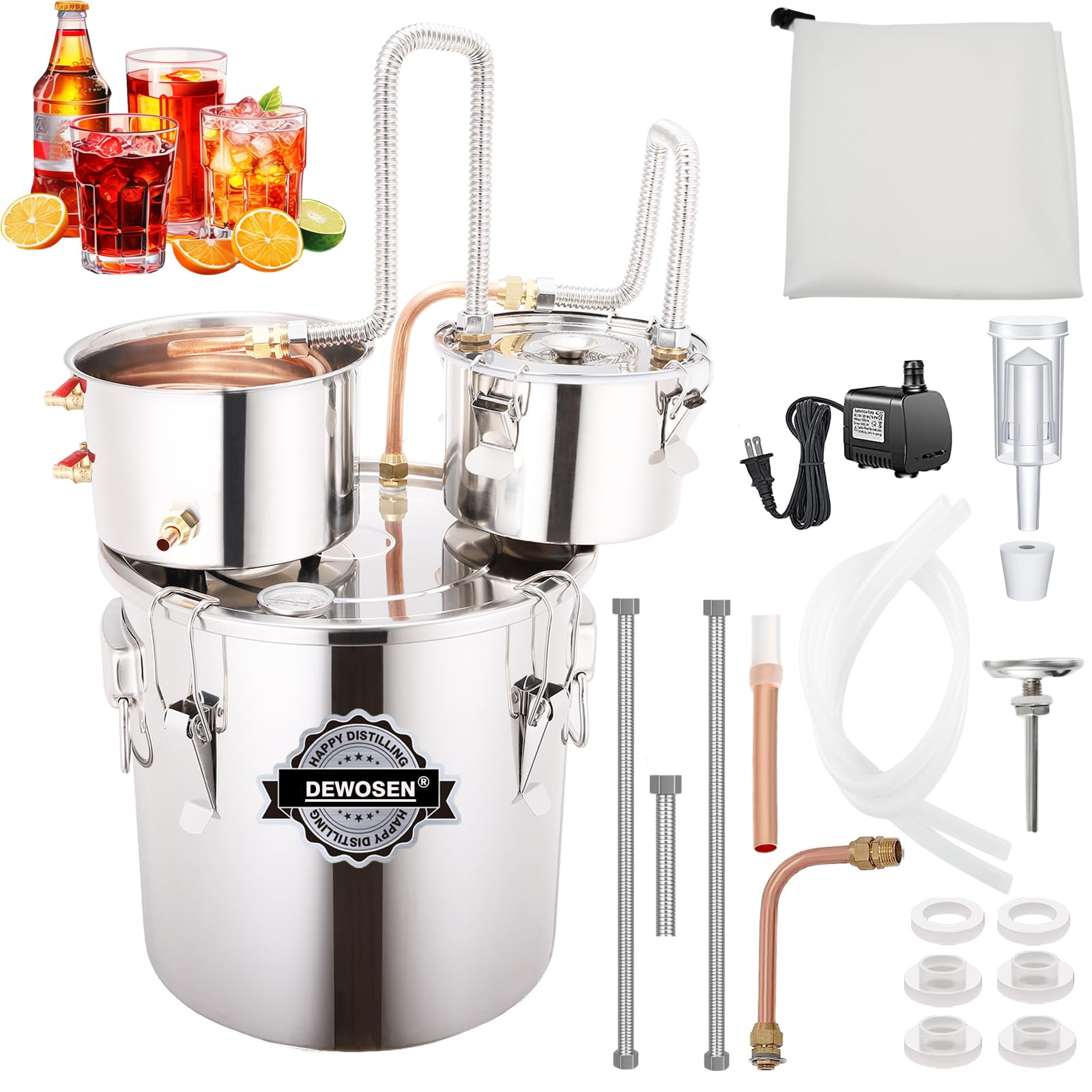 8 Gallon Alcohol Still Kit with 3 Pots, Copper Tube & Thumper Keg - Complete Distillery Set for Moonshine, Whiskey & Home Brewing - Includes Water Pump, Thermometer, Airlock & Brew Bag - Perfect for DIY Distilling, Craft Spirits & Home Brewing Enthusiasts