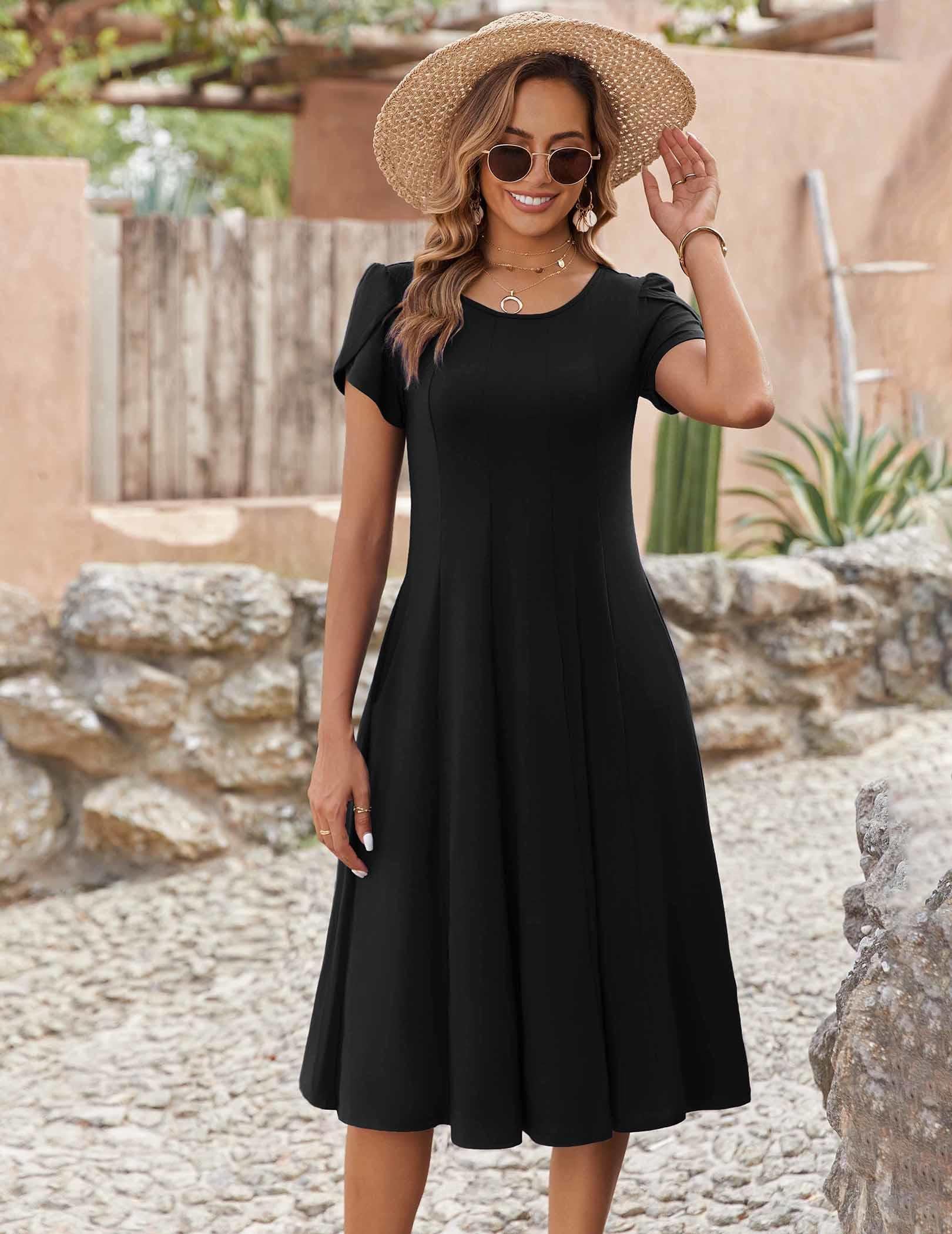 Zeagoo Women's Summer Casual Short Sleeve Pleated Flowy Midi Dress - Loose Beach Sundress with Pockets for Vacation, Travel, and Outdoor Activities
