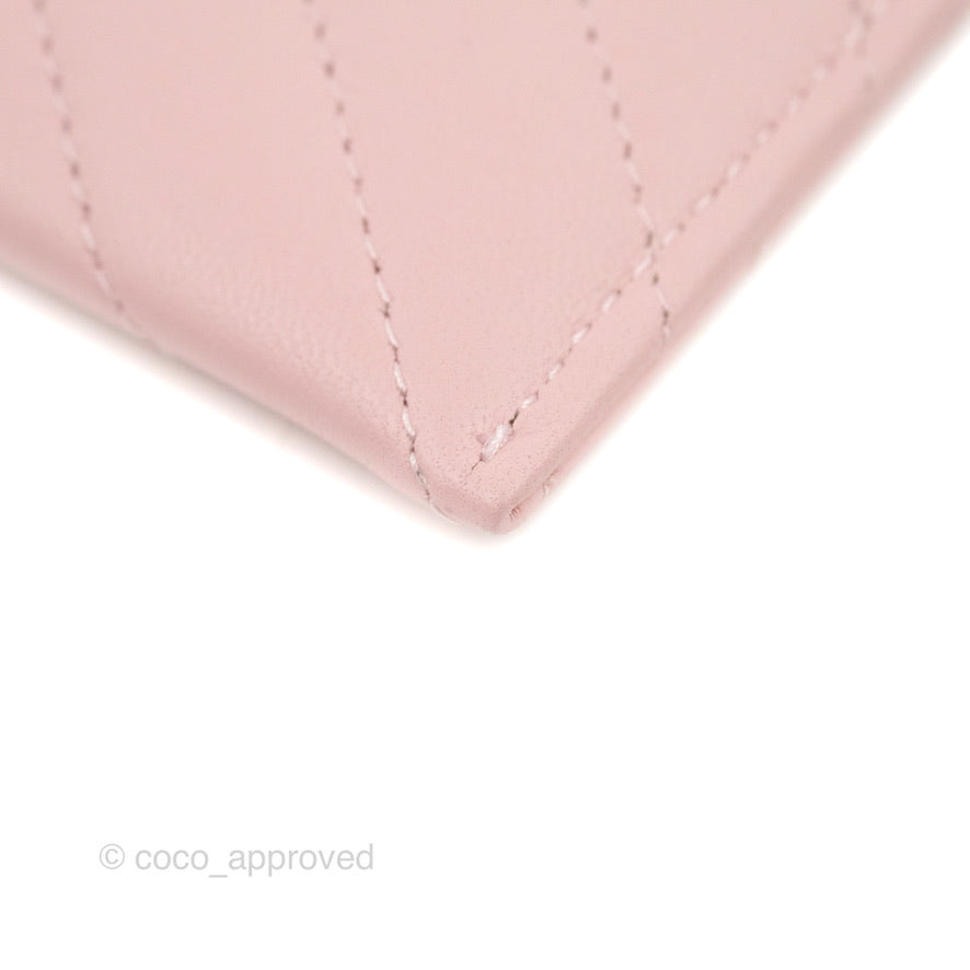Chanel Chevron Classic Flat Card Holder in Pink Lambskin with Silver Hardware - Luxury Compact Wallet for Everyday Use & Gift Giving