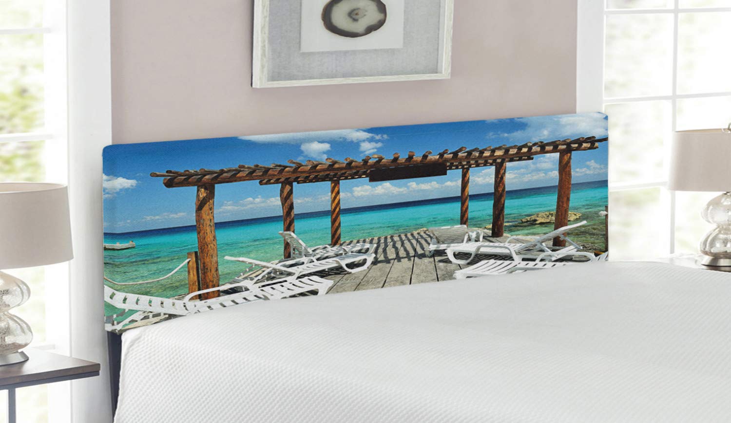 Ambesonne Queen Size Travel Headboard - Beach Ocean Scenery with Wooden Pier Print, Upholstered Decorative Metal Bed Frame with Memory Foam in Pale Brown White | Perfect for Coastal Themed Bedrooms, Vacation Homes & Beach House Decor