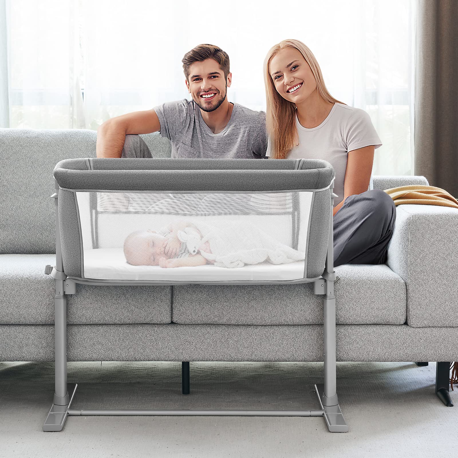 ALVOD Adjustable Height Bedside Bassinet for Baby - 6-Level Portable Crib with Breathable Mesh, Easy Assembly, Light Grey - Perfect for Nursery, Bedside, or Sofa Sleeping