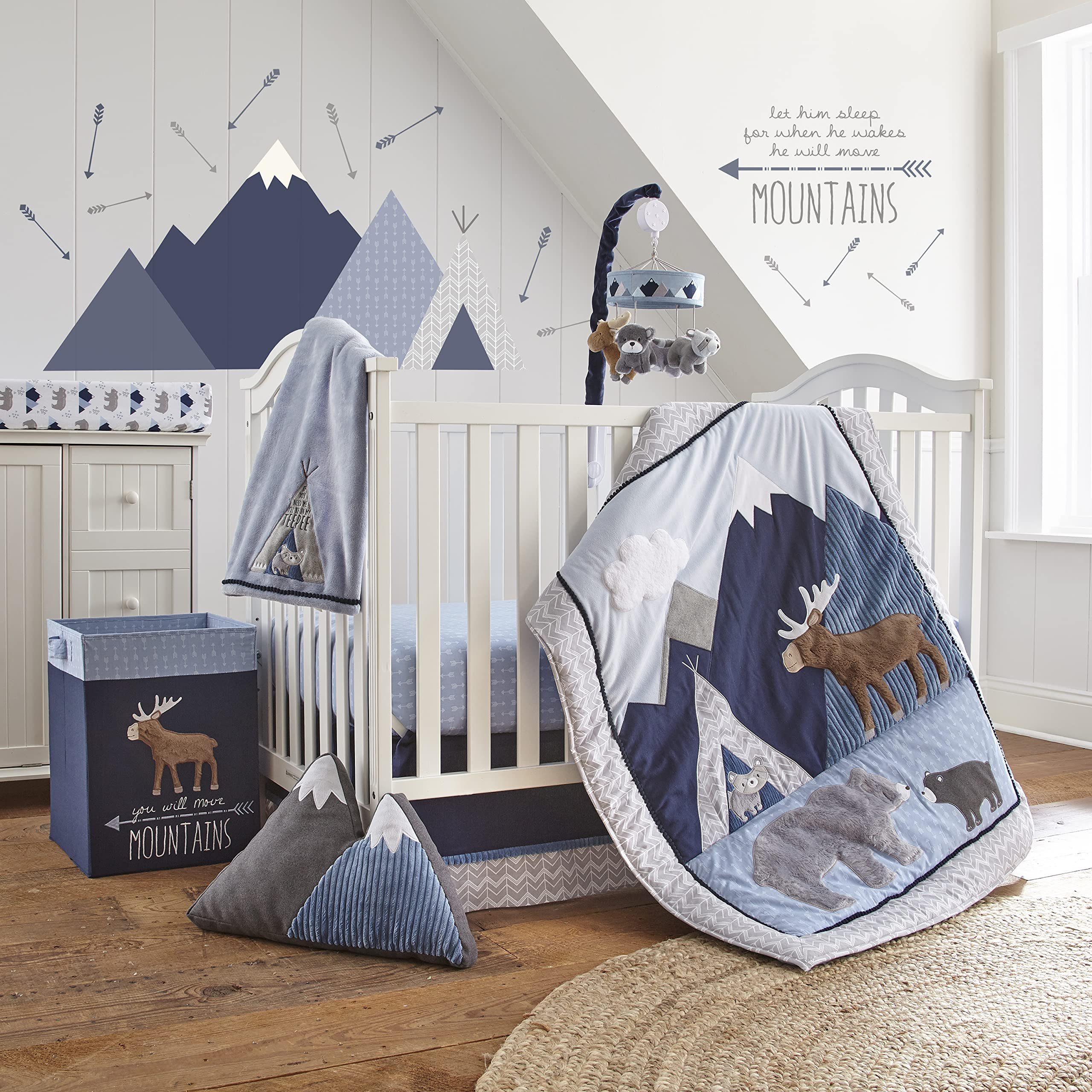 **Levtex Baby Trail Mix 4-Piece Crib Bedding Set - Bear Mountains Design in Grey, Navy, White & Blue - Includes Quilt, Fitted Sheet, Dust Ruffle & Wall Decal - Perfect for Nursery Decor & Baby Shower Gifts**