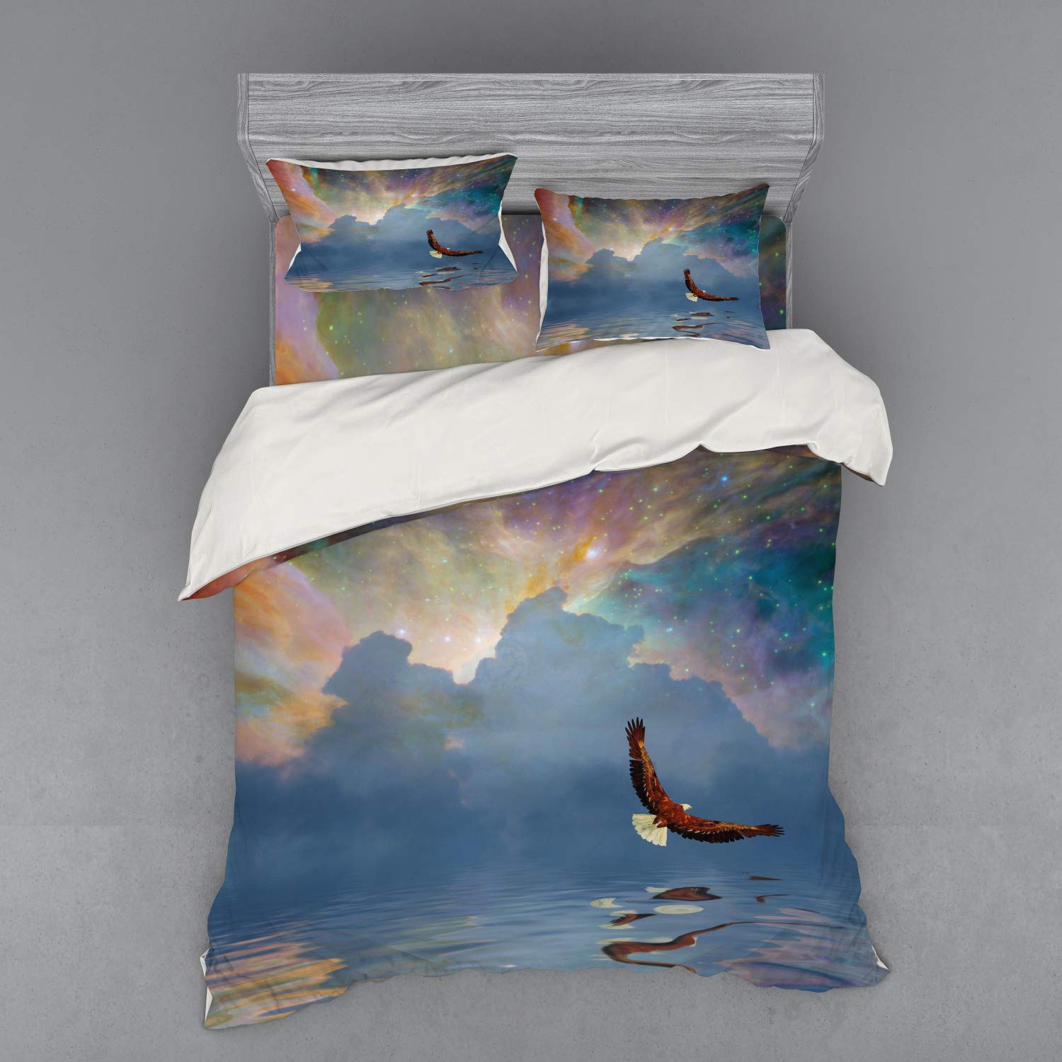 Ambesonne Eagle Duvet Cover Set - Majestic Bird Flying Over Sea & Starry Sky Freedom Design | 4-Piece Queen Size Bedding Set with Shams & Fitted Sheet | Perfect for Coastal, Nature-Inspired & Bohemian Bedroom Decor