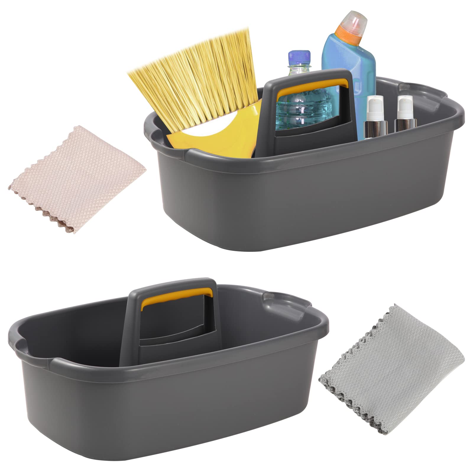 Plastic Cleaning Caddy Organizer with Handle - 2 Pack Storage Basket for Bathroom, Kitchen & Under Sink - Includes 2 Microfiber Cleaning Cloths (Gray) - Perfect for Home Cleaning Supplies Organization