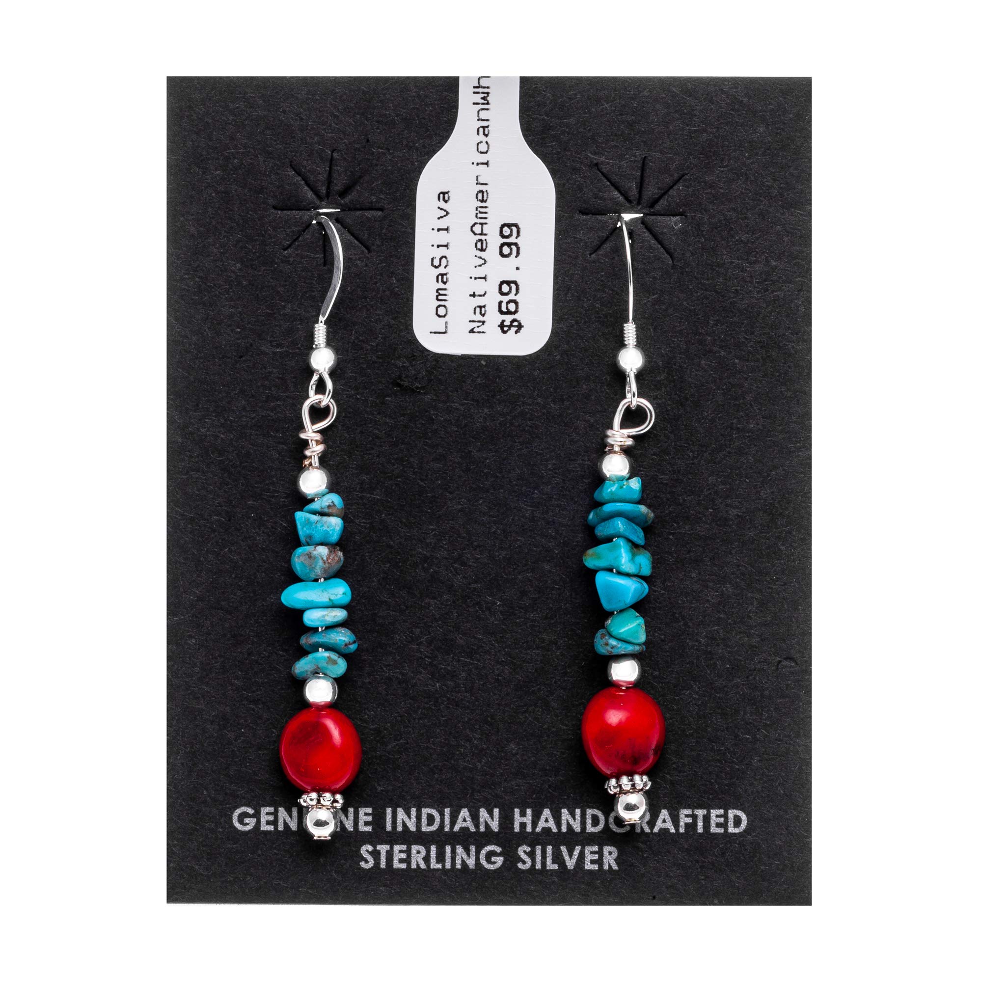 Authentic Navajo .925 Sterling Silver Earrings with Natural Turquoise & Coral - Native American Handmade Jewelry for Women - Perfect for Festivals, Weddings & Boho Fashion