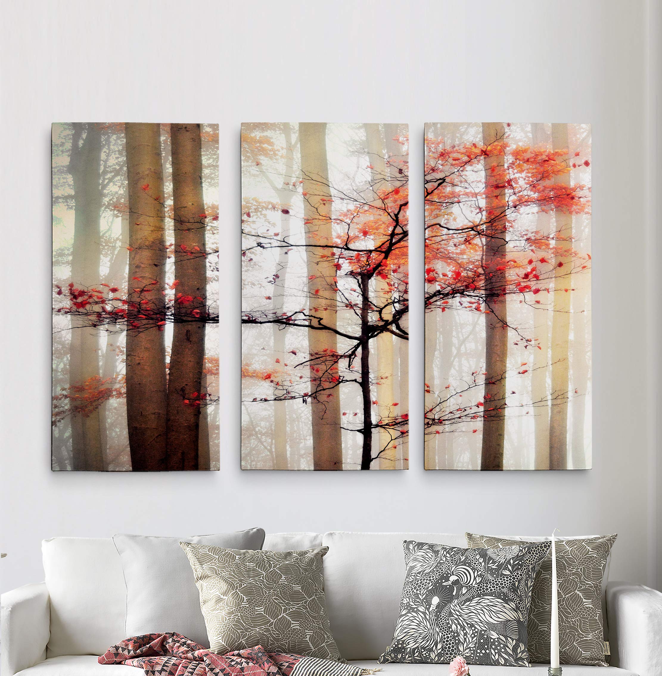 Orange Autumn Tree Forest Abstract Canvas Wall Art - 16x32 Inch 3-Panel Floral Prints for Living Room, Bedroom, Office & Kitchen Decor | Modern Home & Workspace Interior Design