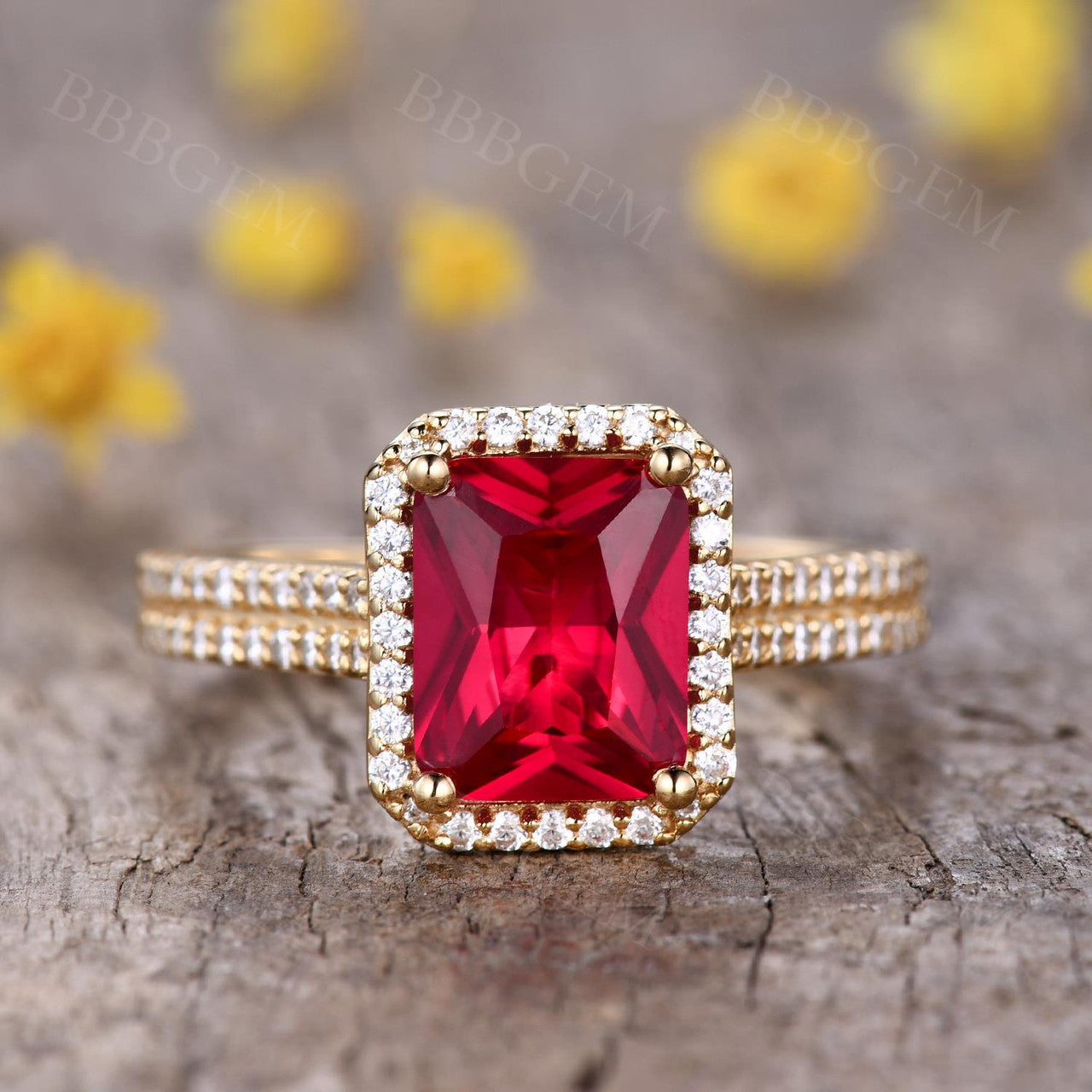 Vintage 8X10mm Yellow Gold Ruby Engagement Ring with Diamond Halo Wedding Band - 4 Carat Genuine Ruby & Diamond Ring for Women, Perfect for Proposals, Anniversaries & Special Occasions