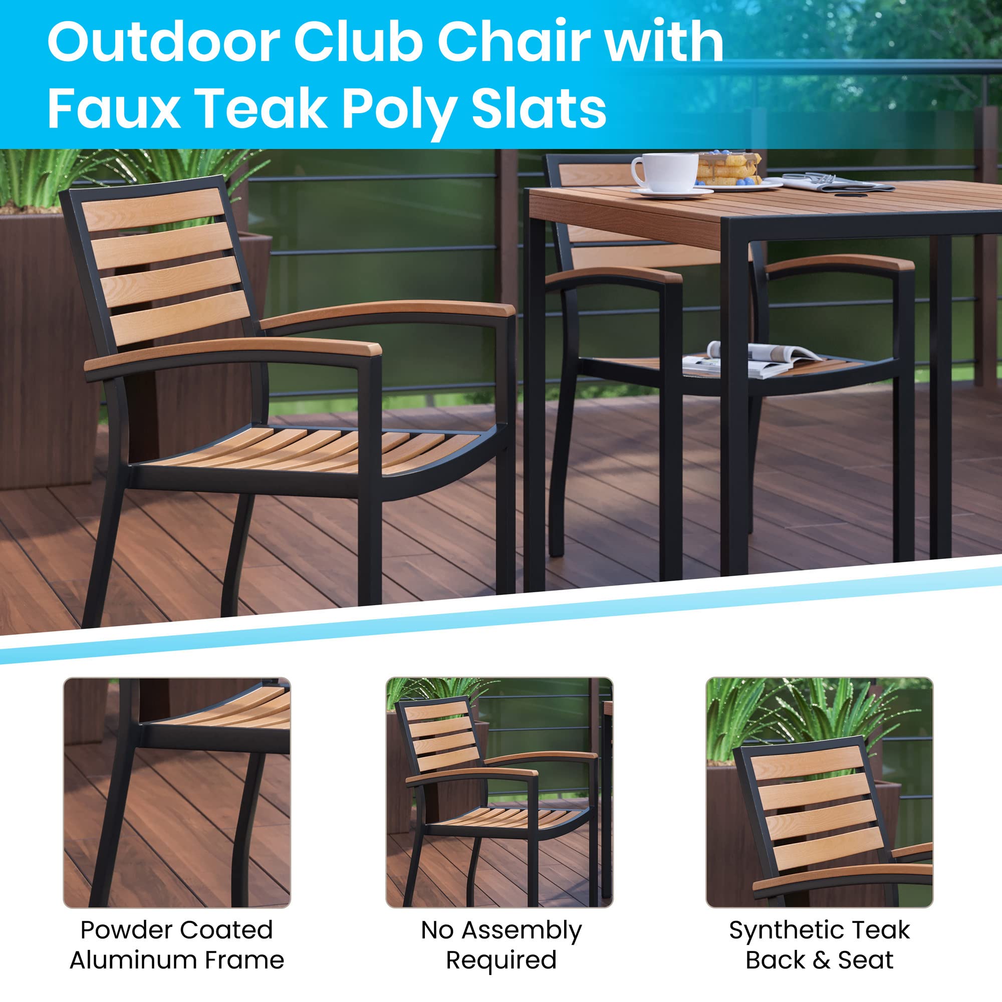 Flash Furniture 5-Piece Outdoor Patio Dining Set - 2 Stackable Synthetic Teak Arm Chairs & 35