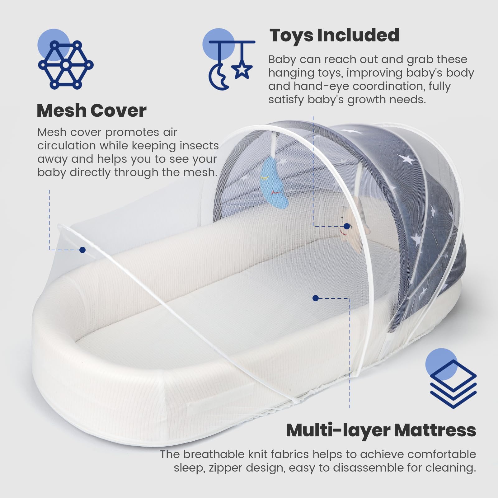 Portable Baby Lounger & Travel Bassinet for Newborns, Infants & Toddlers - Lightweight Foldable Washable Mini Crib Co-Sleeper - Perfect for Home, Travel, Camping & Outdoor Use - Blue