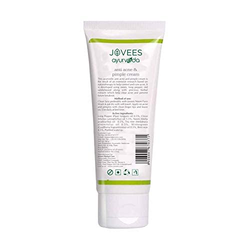 Jovees Ayurveda Neem & Long Pepper Anti Acne and Pimple Cream for Oily, Sensitive & Acne-Prone Skin - Paraben & Alcohol Free Treatment to Clear Breakouts & Prevent Future Acne - 60g | Perfect for Daily Skincare Routine & Teenage Acne Care