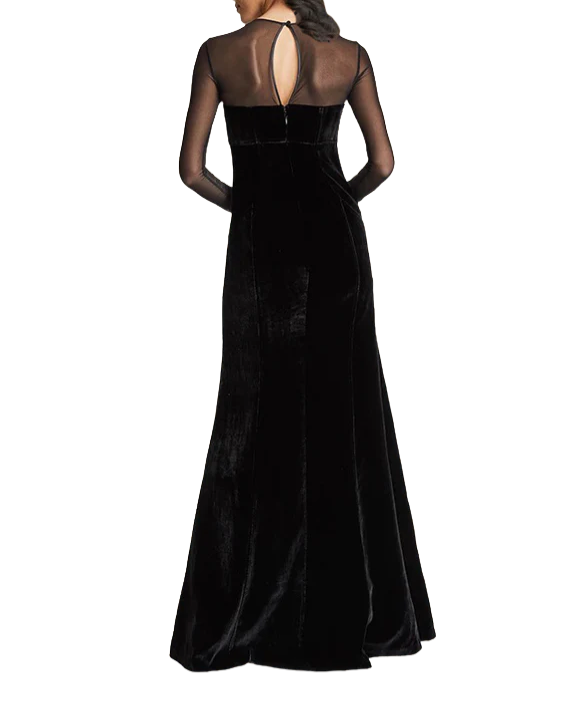 Elegant Women's Velvet Gown with Illusion Neckline - Perfect for Evening Parties, Prom Dresses & Formal Events