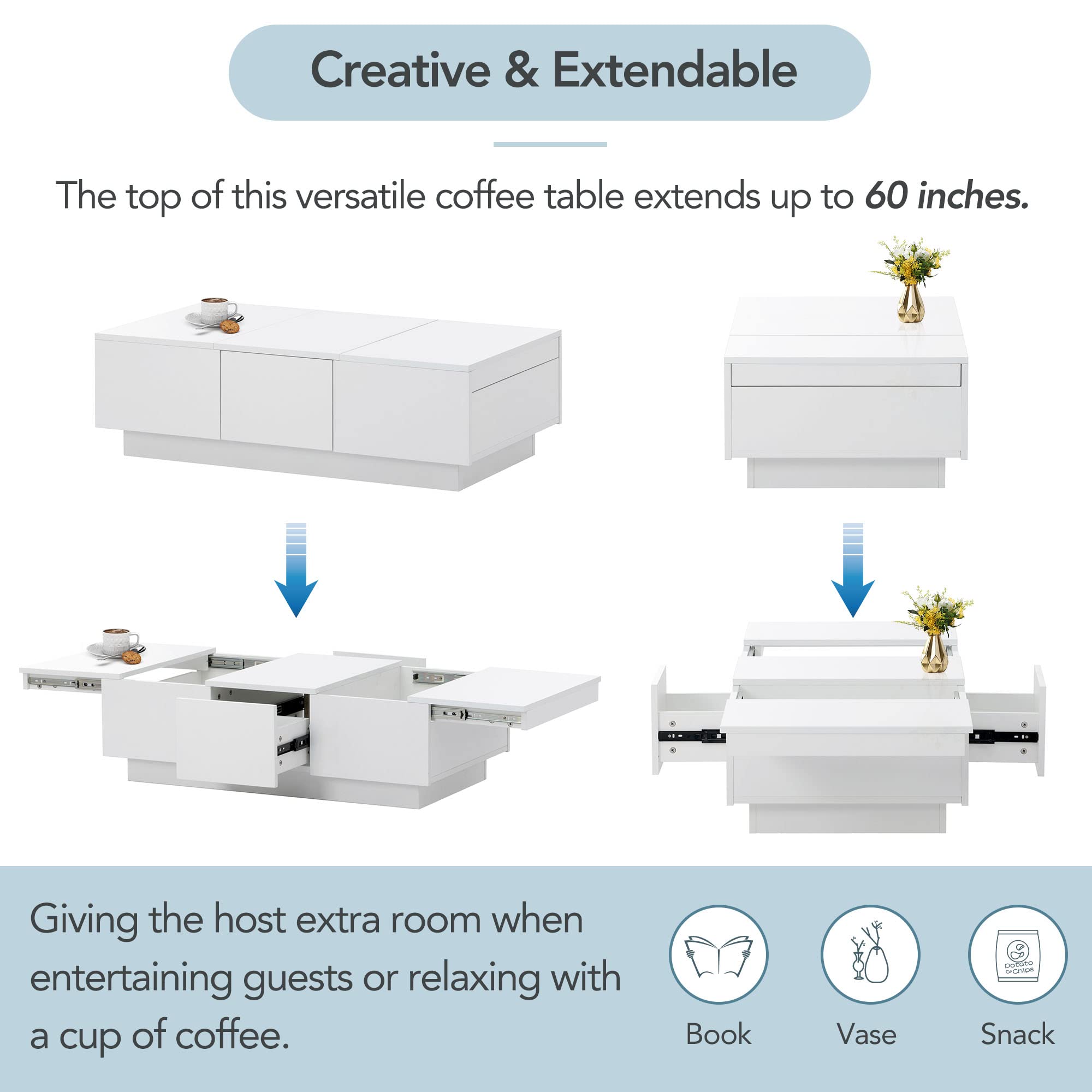 Modern Extendable Coffee Table with 2 Drawers & Sliding Top - Rectangle Cocktail Table with Hidden Storage Compartments - High-Gloss Accent Center Table for Living Room, Office & Small Spaces (White-2H) - Perfect for Entertaining, TV Snacking & Home Decor