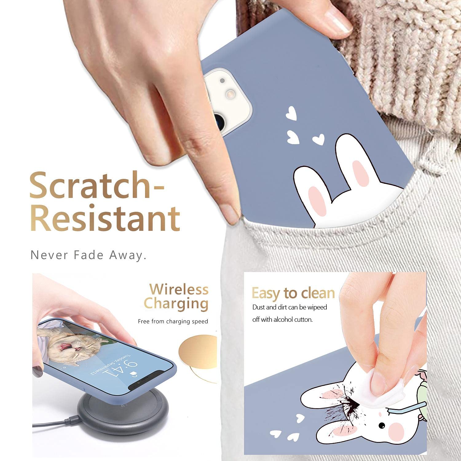 Kawaii Bunny iPhone 13 Case - Pearl Milk Tea Blue Liquid Silicone Soft Gel Rubber Phone Cover for Women & Girls | Cute Protective Case for Everyday Use, School & Work