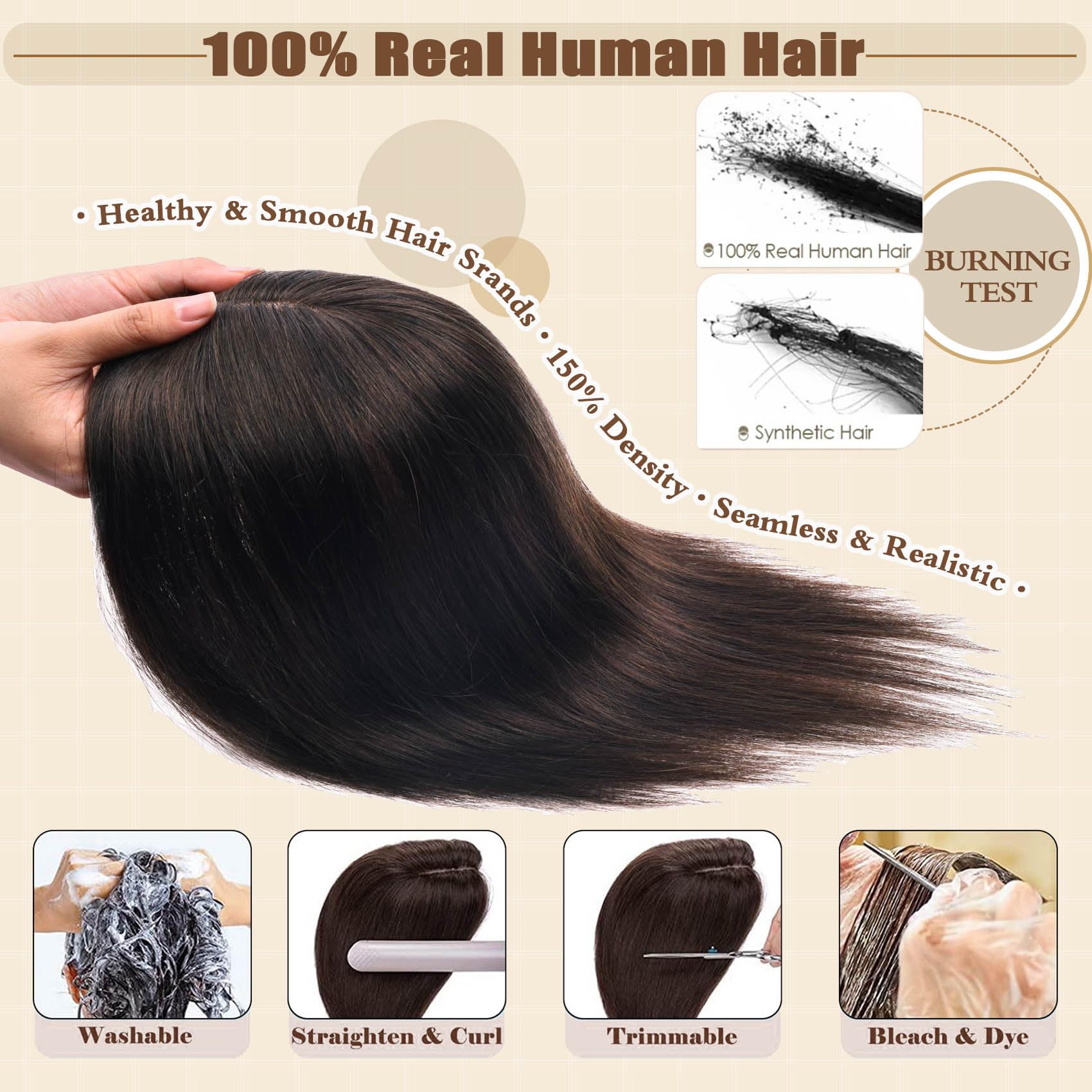 JGS1996 Real Human Hair Toppers for Women - Handmade Lace Base Remy Hair Wiglets for Thinning Hair - No Bangs Clip-in Hair Extensions 14 Inch Dark Brown - Perfect for Daily Wear, Special Occasions & Hair Loss Solutions