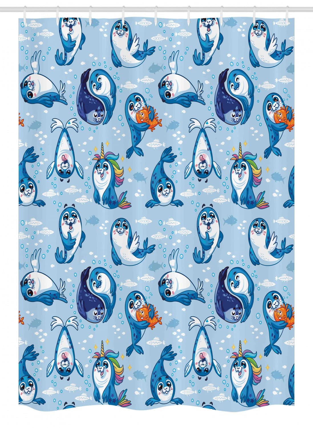 Ambesonne Sea Animals Shower Curtain - Seal Pup Aquatic Wildlife Design with Hugging Water Bubbles, Blue White Marigold Fabric Bathroom Decor Set with Hooks, 54