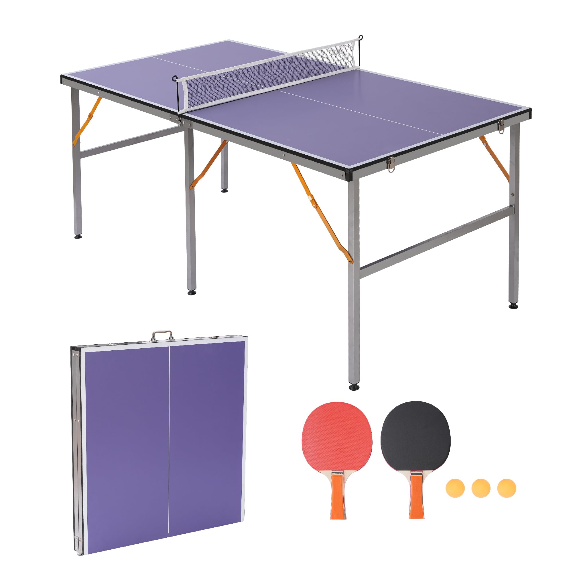 6-Foot Mid-Size Ping Pong Table Set - Heavy Duty Aluminum Frame Indoor/Outdoor Table Tennis Game with Net - Foldable Portable Design for Small Spaces - Perfect for Backyard, Garden, Garage & Game Room Fun