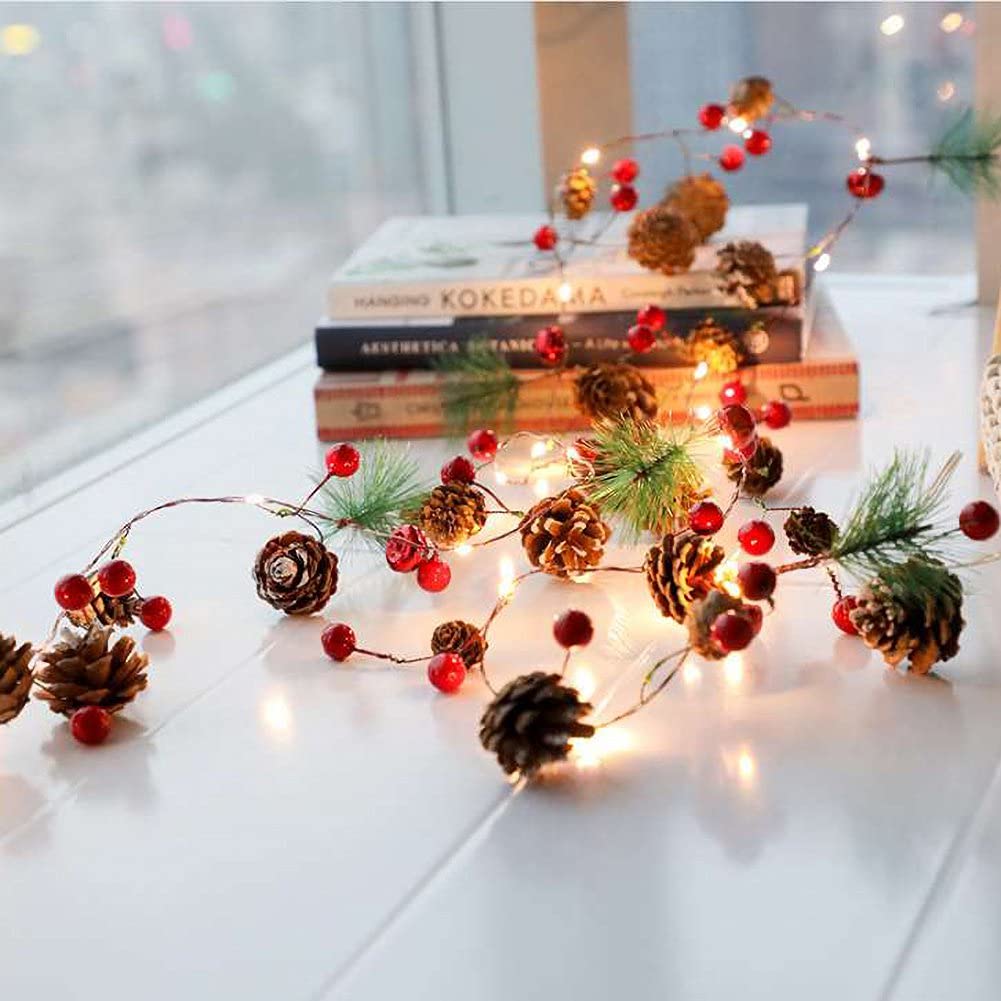 7FT Christmas Garland with 20 LED Lights - Battery Operated Pine Cone & Red Berry Bell Decor for Indoor/Outdoor Christmas Tree, Holiday Party & New Year Decoration | Perfect for Fireplace Mantel, Front Door Wreath & Festive Home Decor