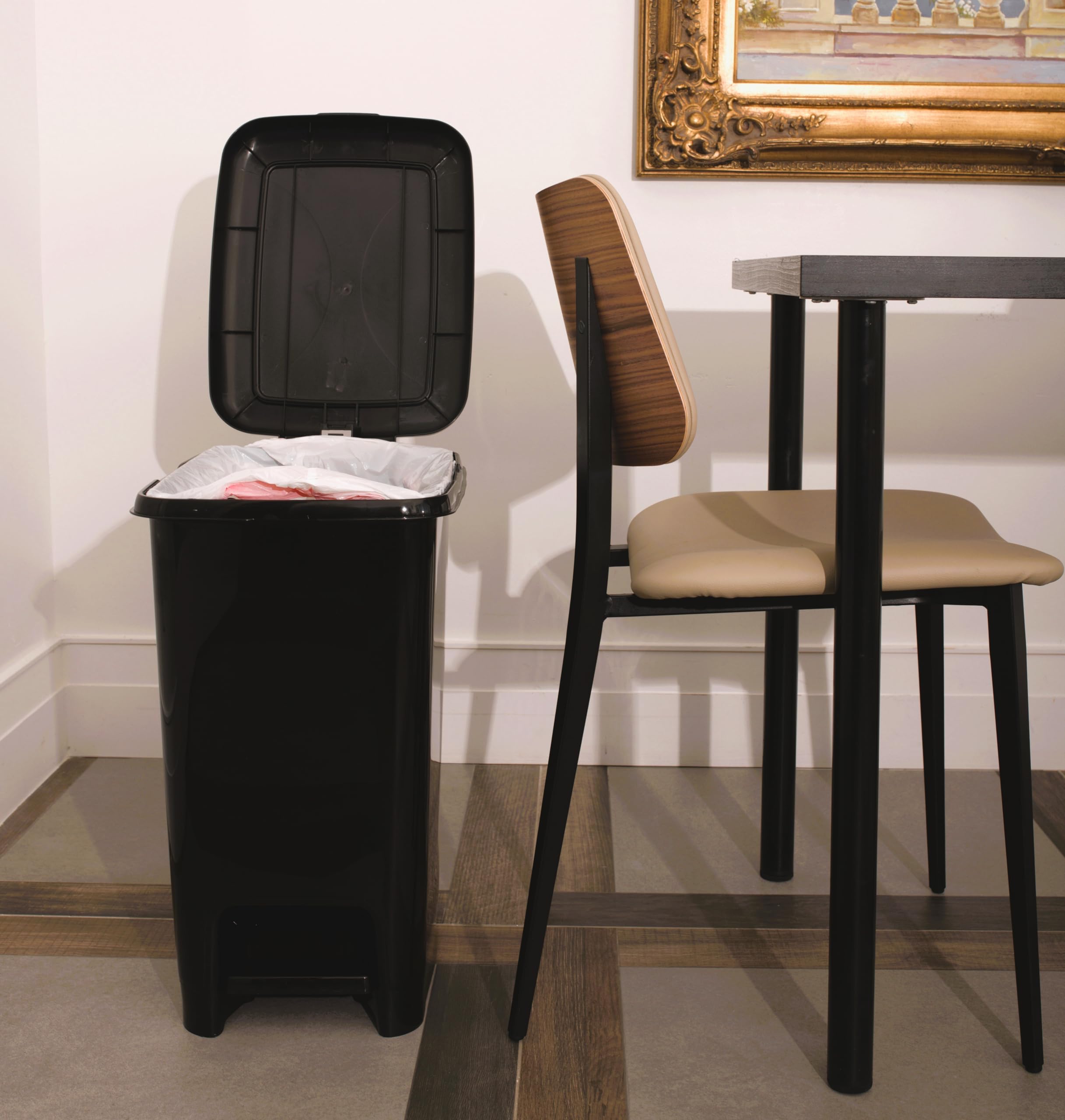 Superio 10.5 Gallon Slim Step-On Trash Can with Lid - Black Plastic Garbage Bin for Kitchen, Bathroom, Office, Bedroom, Dorm & Patio - Hands-Free Foot Pedal Design for Easy Disposal & Odor Control