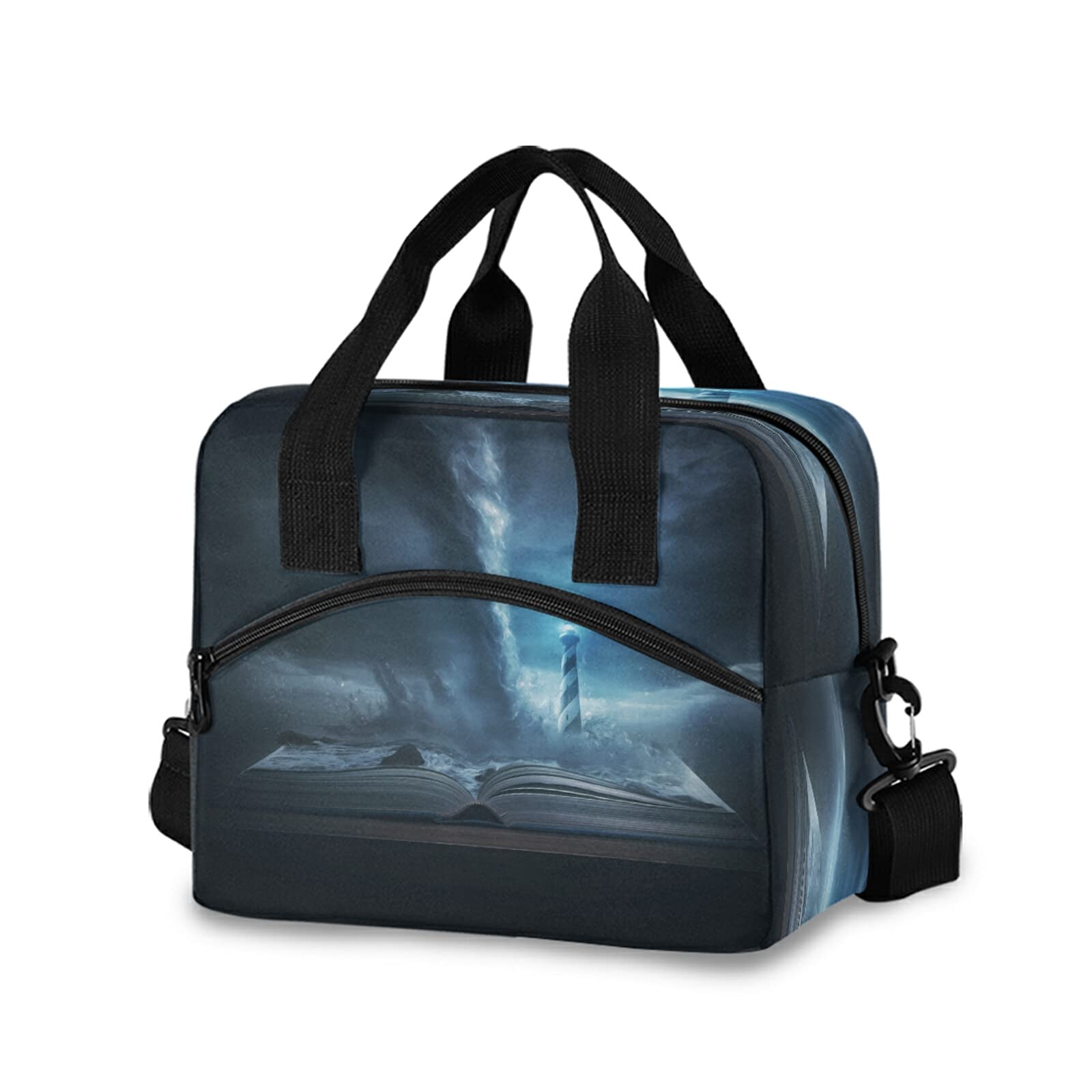 KEEPREAL Tornado Lighthouse Print Insulated Lunch Bag with Adjustable Shoulder Strap & Carry Handle - Leakproof Eco-Friendly Cooler Tote for Kids School, Office, Picnic & Travel - Men Women Reusable Lunch Box
