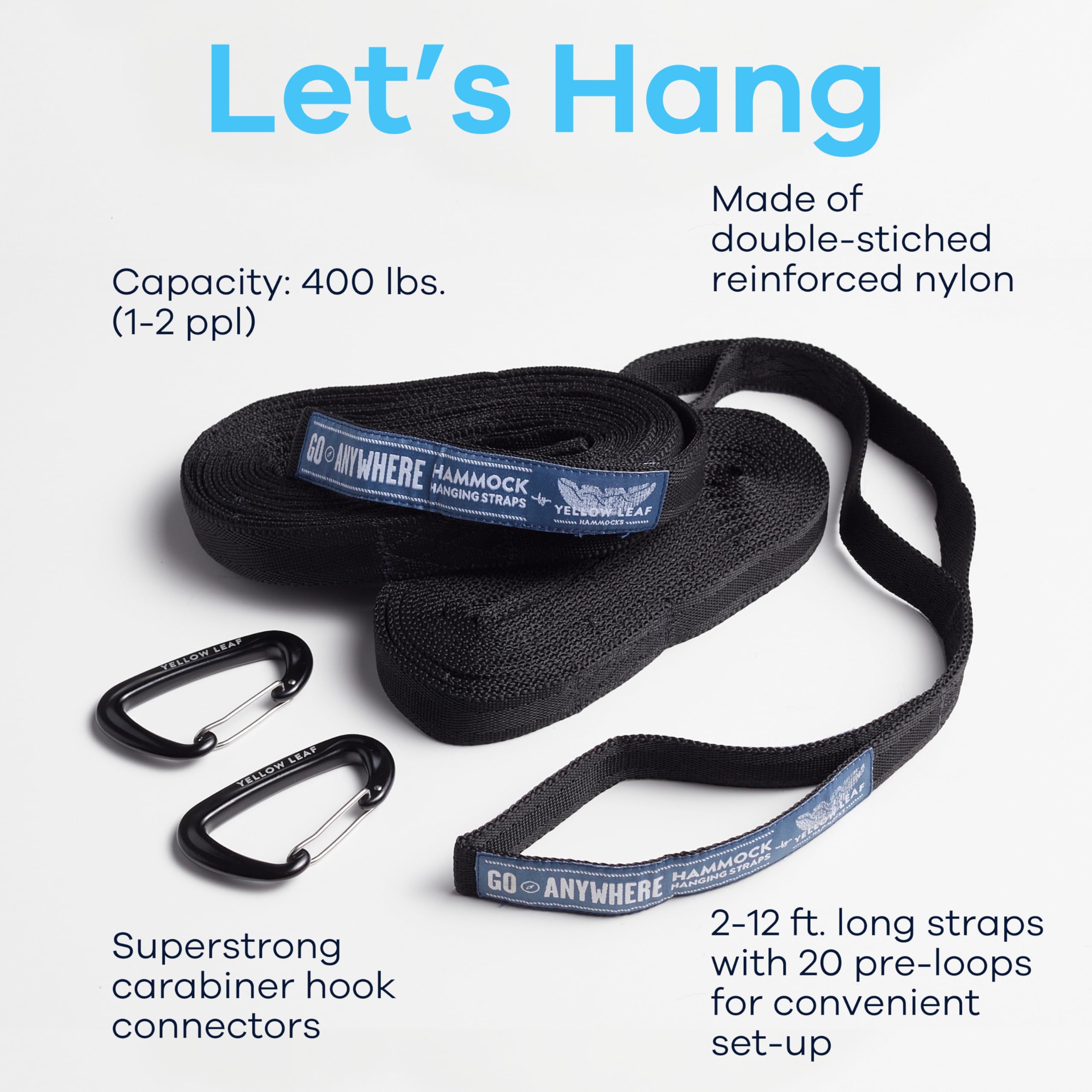 Yellow Leaf Hammocks Go Anywhere Hammock Straps - 2 Pack 12ft Heavy Duty Nylon Straps (400lb Capacity) - Pre-Looped, Tree-Friendly, Ultra Strong Black Camping Gear for Backpacking, Hiking & Outdoor Adventures