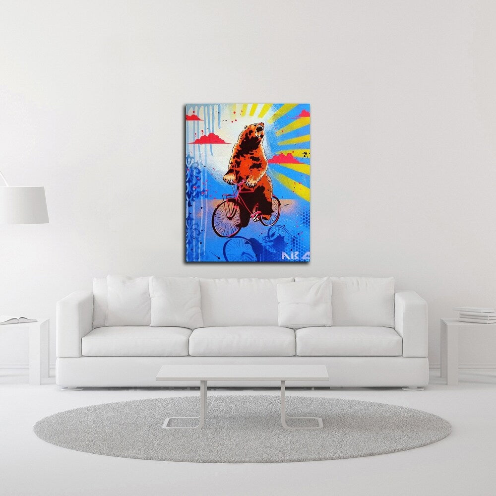 Bear Back Rider Canvas Wall Art by AbcArtAttack - Ready to Hang Wildlife Painting for Living Room, Bedroom & Office Decor