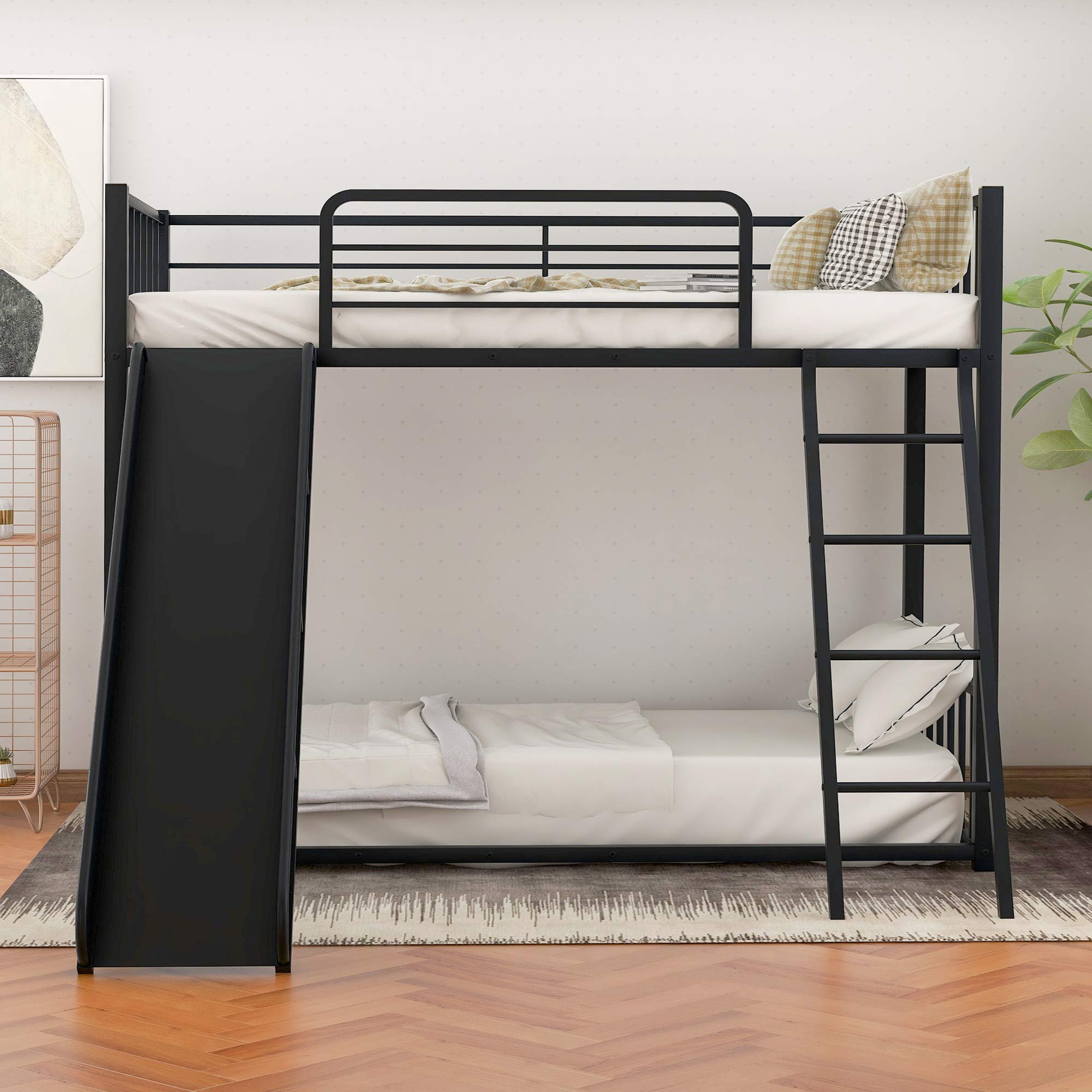 KLMM Heavy Duty Metal Bunk Bed with Slide & Safety Guard Rails - Twin Size Black Bed Frame for Kids & Teens - Perfect for Shared Kids' Rooms, Sleepovers & Space-Saving Bedroom Solutions