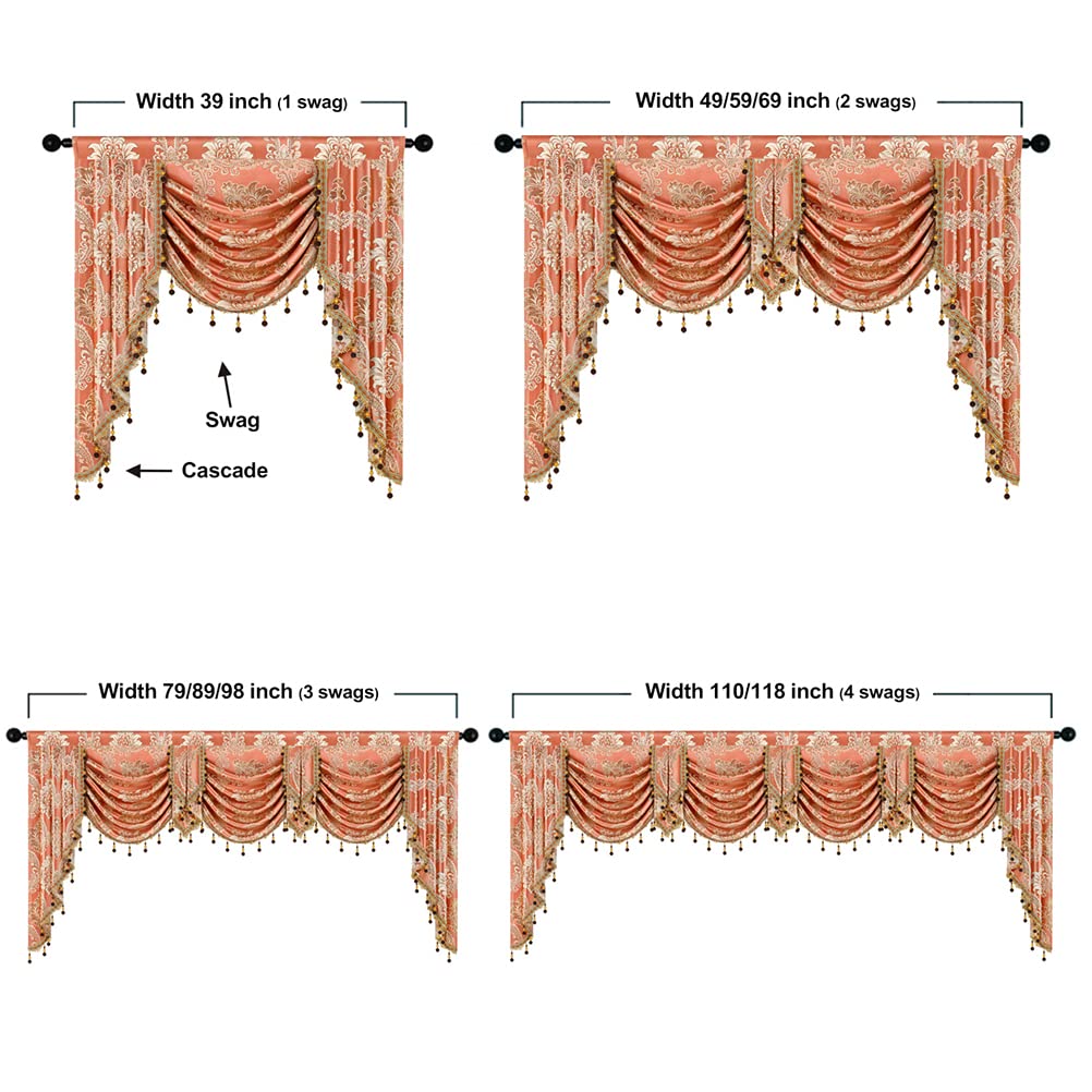 ELKCA Jacquard Waterfall Valance - Damask Coffee Kitchen & Living Room Curtain Valance - 1 Panel (98 Inch Wide) - Perfect for Windows, French Doors & Home Decor