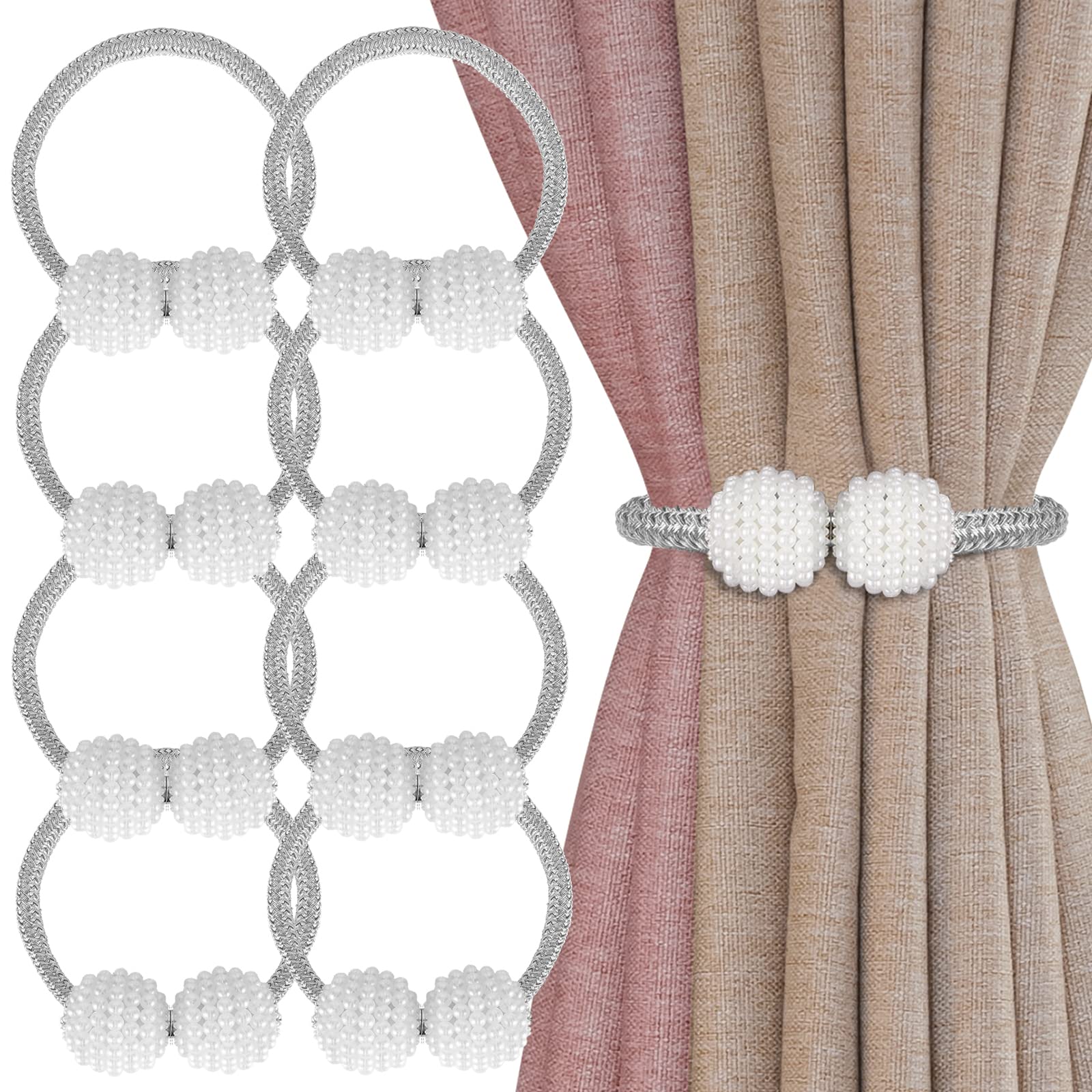 8 Pack Magnetic Curtain Tie Backs with Pearls - Elegant Modern Curtain Holdbacks for Drapes, Sheer & Blackout Curtains - Perfect for Home, Office, Kindergarten Decor (Indoor/Outdoor Use)