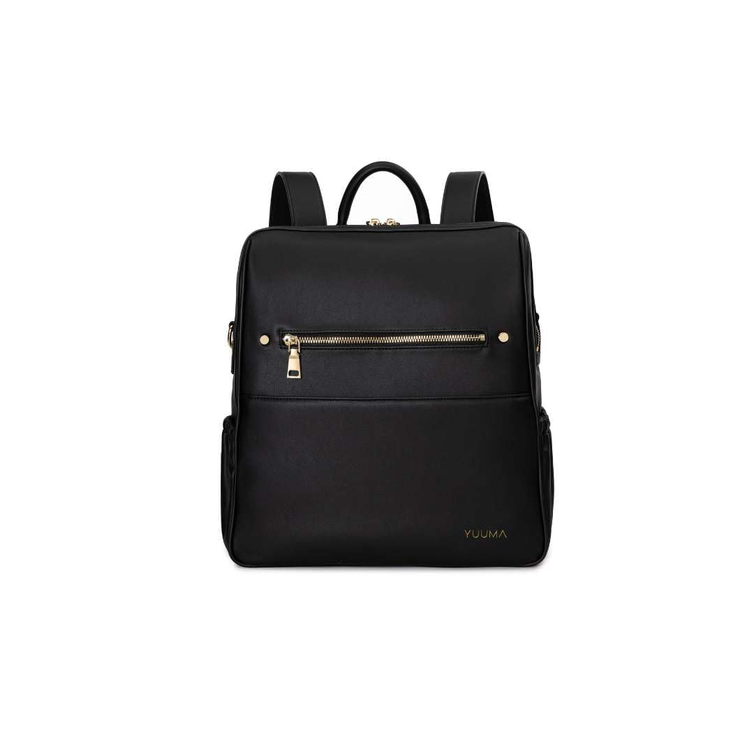 Vegan Leather Diaper Backpack for Women & Men - Waterproof Baby Bag with Gold Zipper, Multiple Pockets & Easy-Clean Nylon Interior - Stylish Onyx Black Diaper Backpack for Travel, Daycare & Parenting On-The-Go