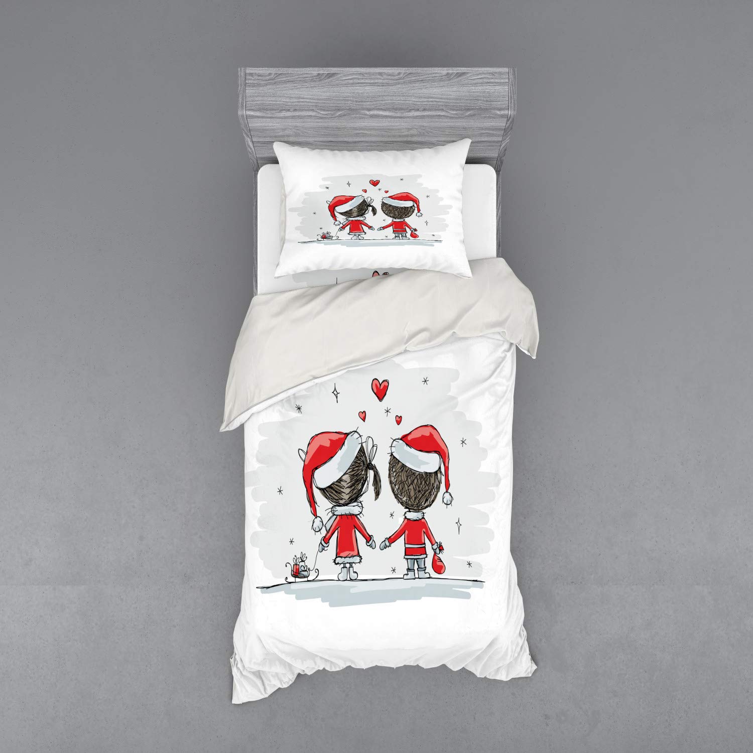 Ambesonne Christmas Duvet Cover Set - Santa Costume Family Romance Winter Night Print, 3-Piece Bedding Set with Sham & Fitted Sheet, Twin XL Size, Red & White | Cozy Holiday Bedroom Decor for Christmas Season