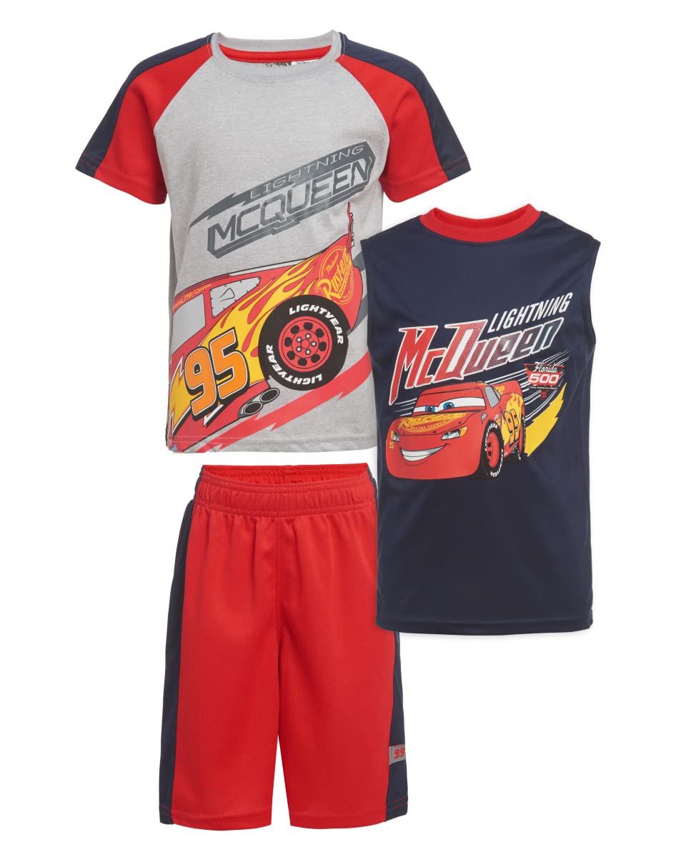 Disney Cars Lightning McQueen 3-Piece Boys Outfit Set - T-Shirt, Tank Top & Shorts for Summer Play, Birthday Parties & Casual Wear