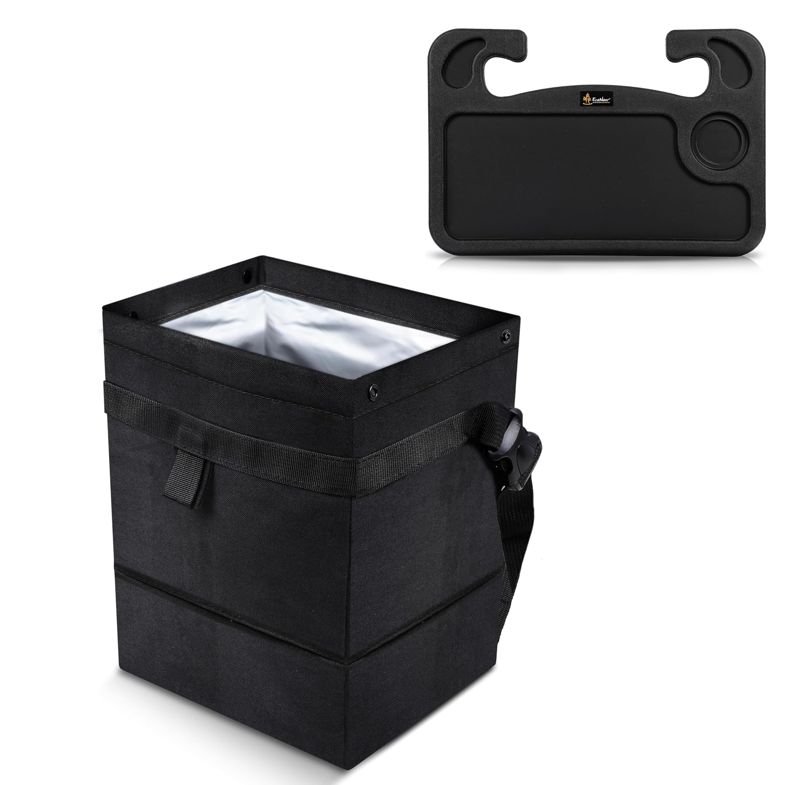 EcoNour 2-in-1 Foldable Car Steering Wheel Desk & Hanging Trash Bag - Multi-Use Travel Car Accessories for Snacks, Work & Road Trips