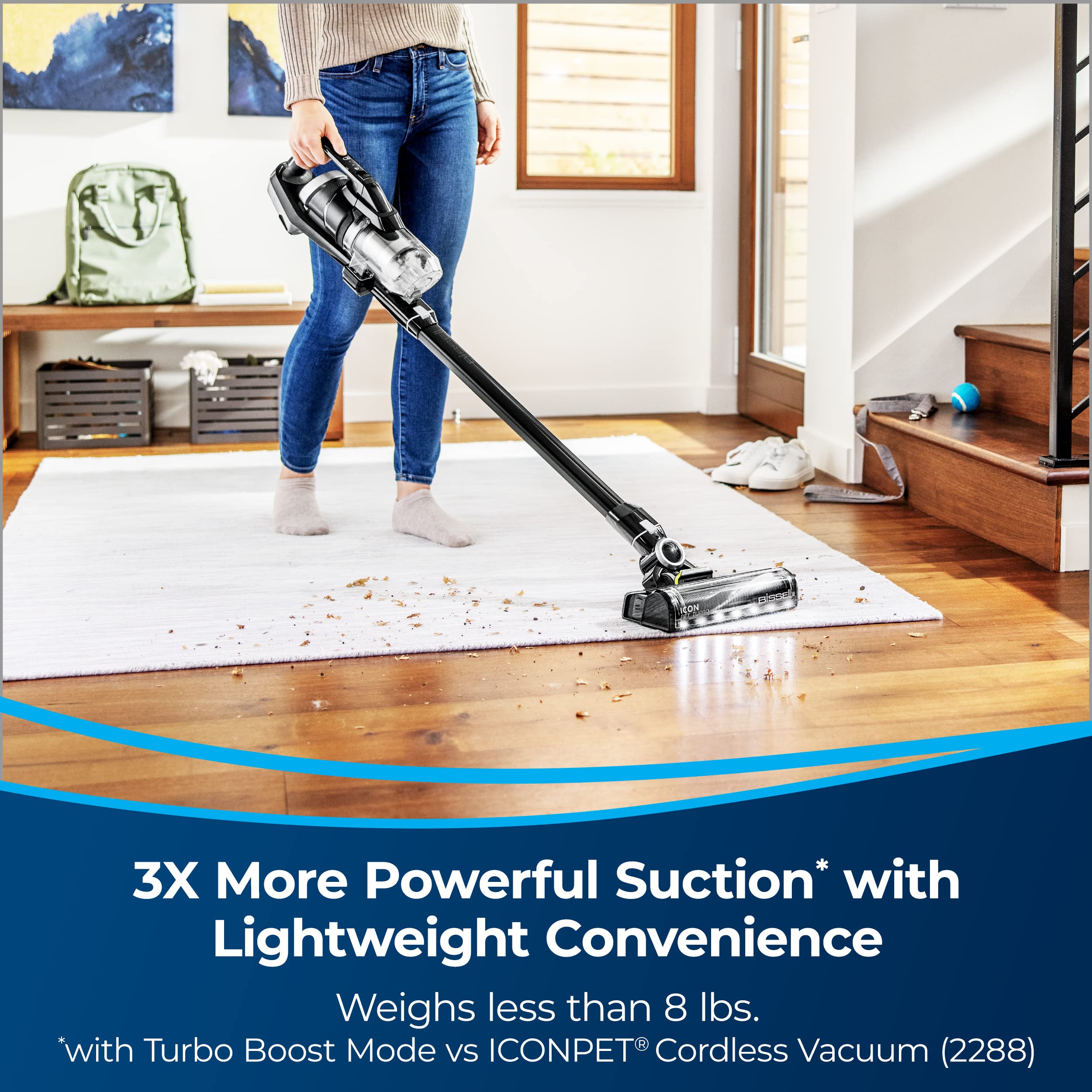 Bissell ICONPet Turbo Vacuum - Powerful Turbo Boost Suction, Tangle-Free Brush Roll, Parking Brake, LED Crevice & Dusting Brush, LED Motorized TurboBrush, Wall Mount Included - Perfect for Pet Hair Removal on Carpets, Hard Floors & Furniture