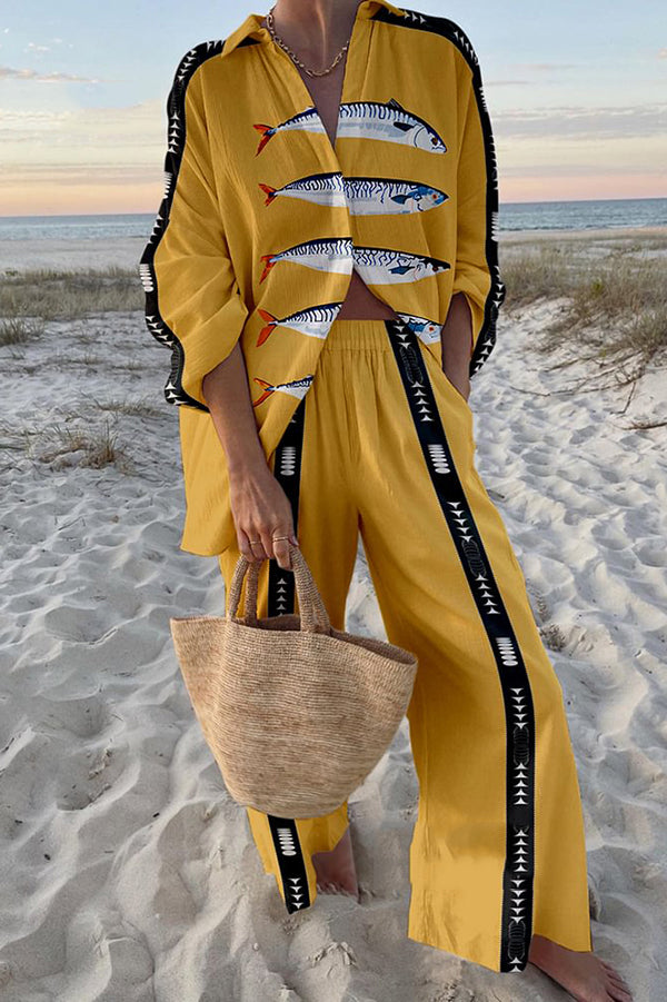 Stylish Ocean Print Oversized Shirt & Elastic Waist Pocket Pants Set - Women's Casual Loungewear for Beach Vacation & Summer Outfits
