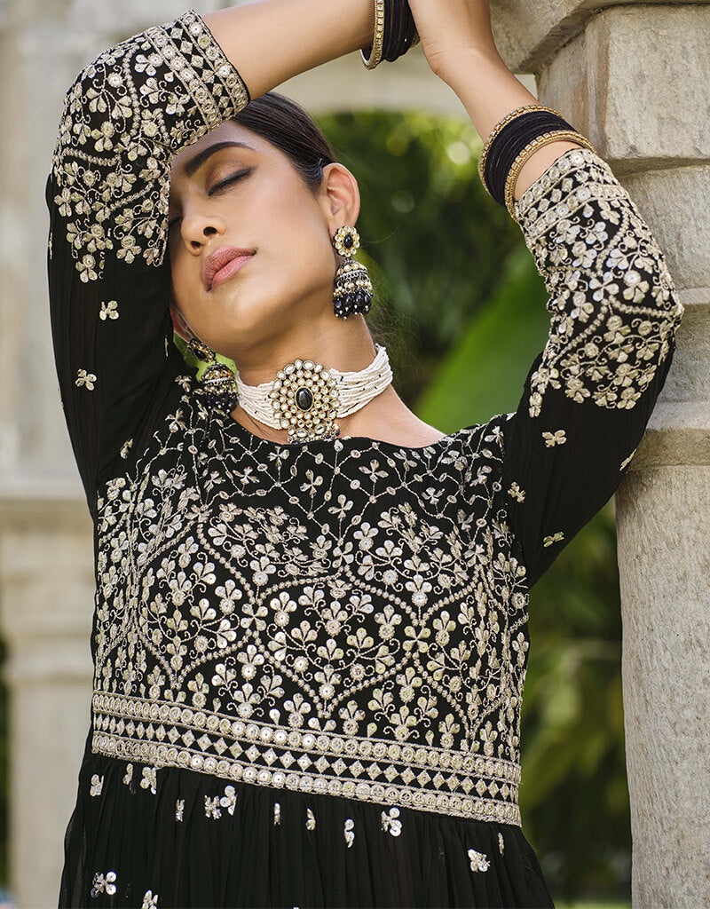 Elegant Black Pure Faux Georgette Lehenga Suit for Women - Perfect for Weddings, Parties & Festive Occasions