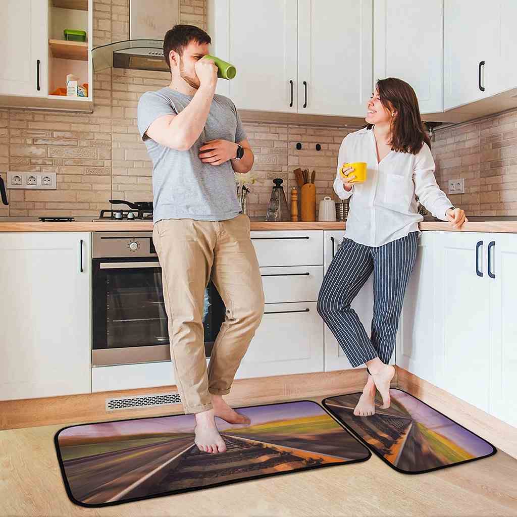Non-Slip Kitchen Runner Rug with Train Tracks Sunset Design - Absorbent Floor Mat for Kitchen, Entryway, Hallway, Laundry, Bathroom & Bedroom - Perfect for High Traffic Areas and Home Decor