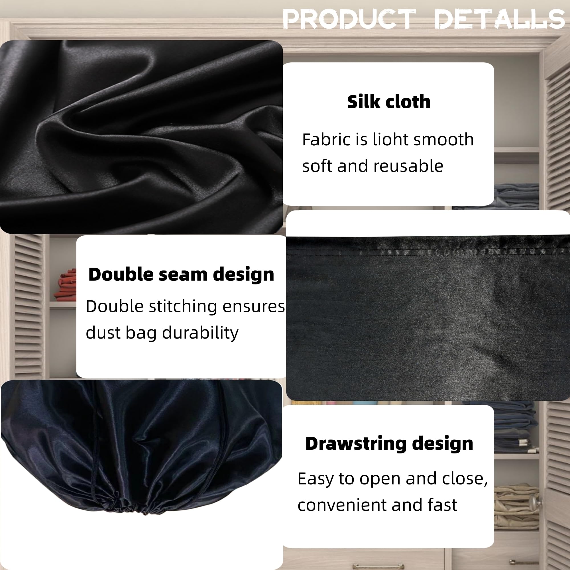 3 Pack Luxury Silk Dust Bags for Handbags, Purses, Shoes & Boots - Premium Drawstring Storage Covers for Closet Organization & Travel Protection