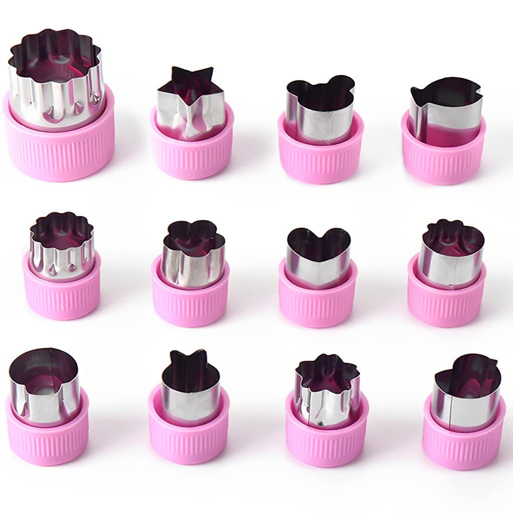 HASTHIP® 12Pcs Stainless Steel Cookie Cutters Set - Fun Shapes for Kids Baking, Fruit & Sandwich Cutters, Embossing Molds for Pastry & Bread - Perfect for Birthday Parties, Holiday Baking & Family Kitchen Activities (Pink)
