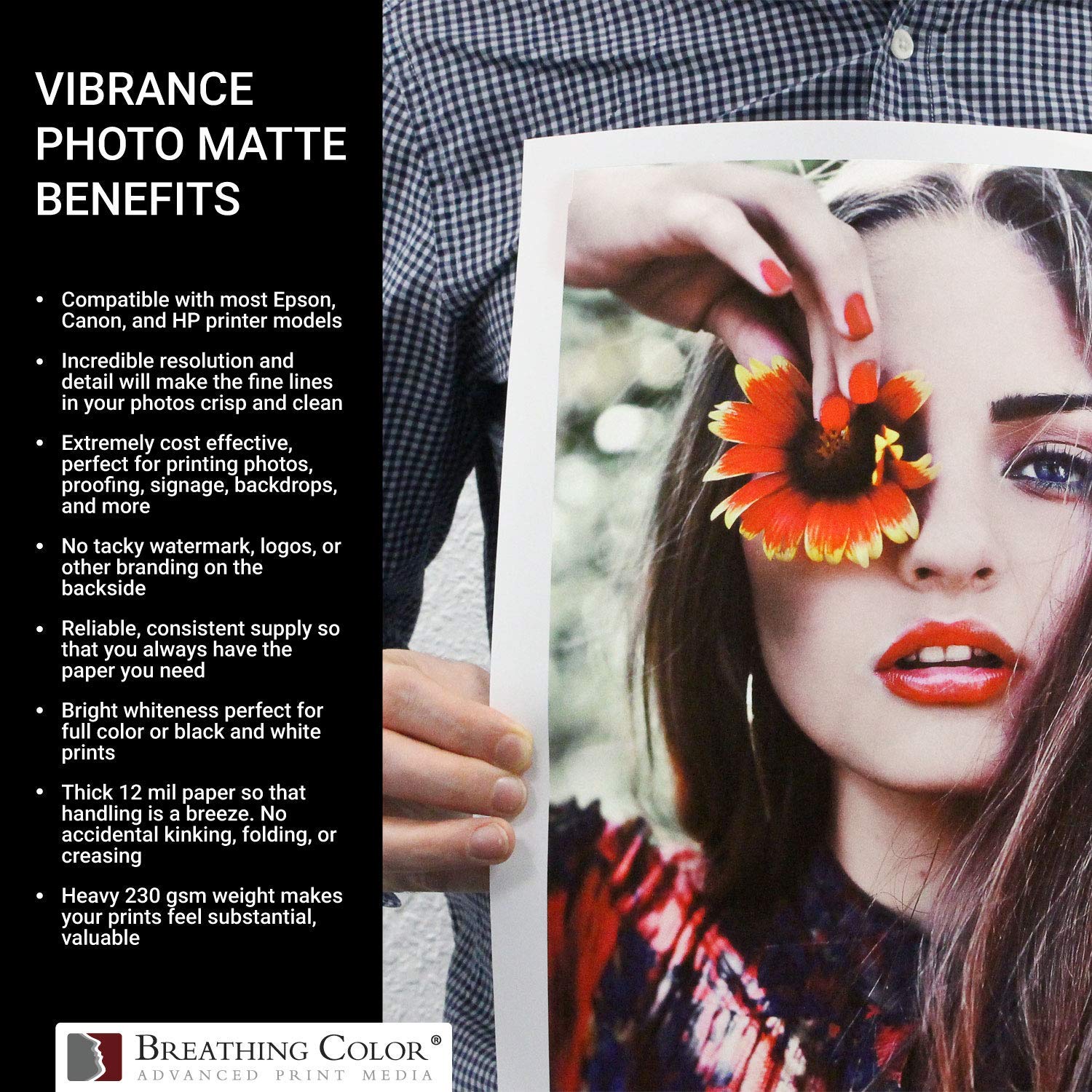 Vibrance Matte Photo Printer Paper - 12 mil 230 gsm Premium Matte Photo Paper Sheets (5x7 inches, 100 Sheets) - Compatible with Epson, Canon, HP & All Inkjet Printers - Perfect for Professional Photography, Scrapbooking & Home Decor