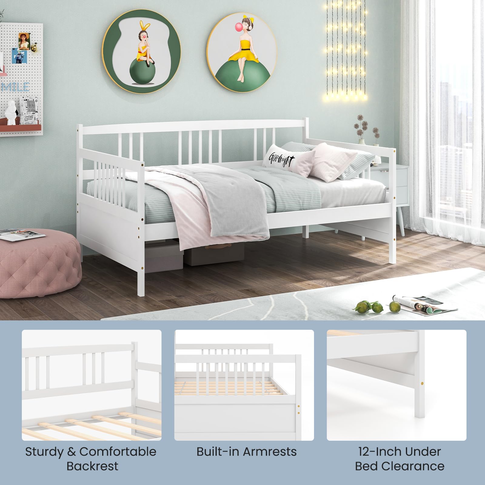 Giantex Twin Daybed Frame with Wooden Sofa Bed Design - Sturdy Wood Slat Support & Side Rails - No Box Spring Needed - Dual Use for Living Room & Bedroom - Perfect for Guest Beds, Small Spaces & Studio Apartments - White