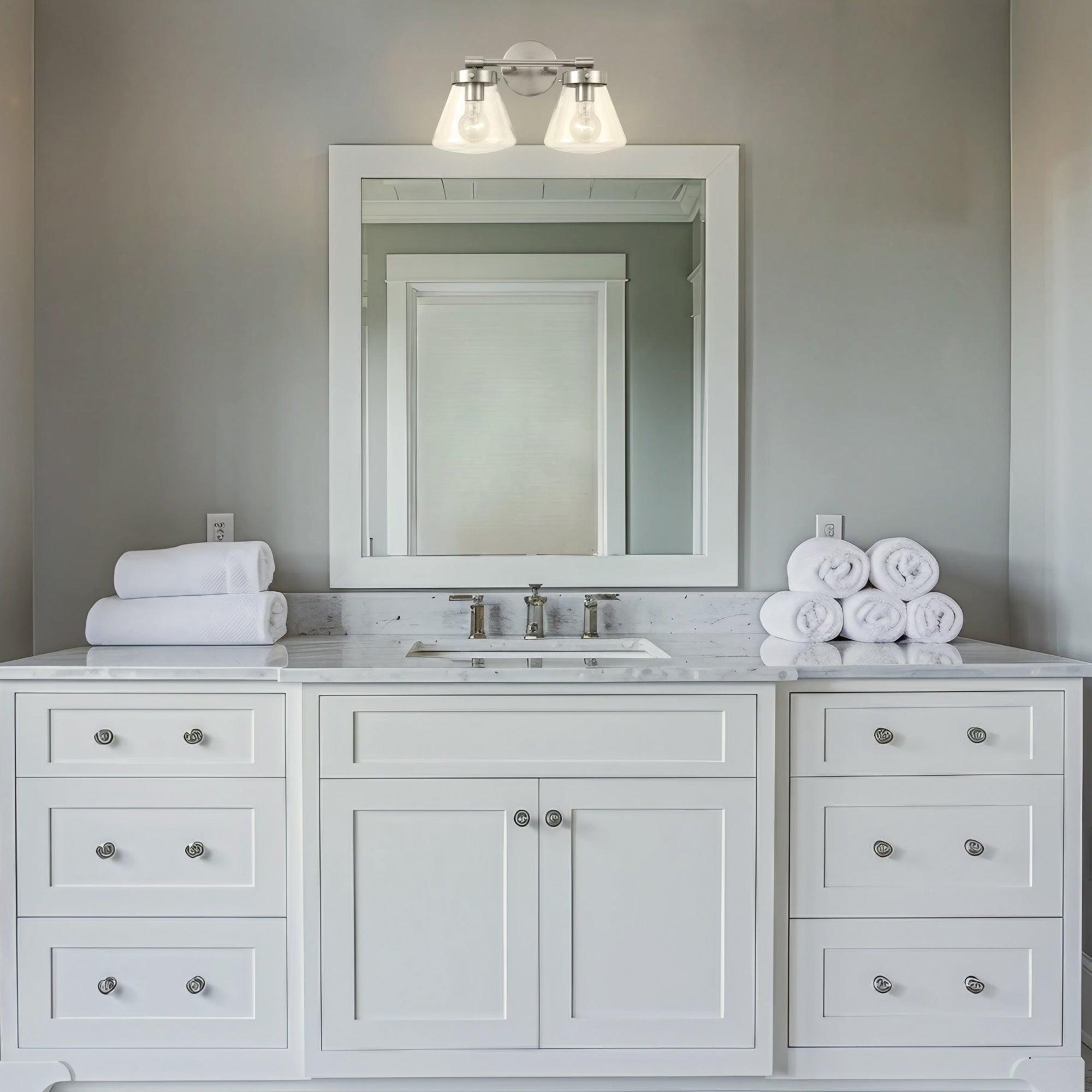 Gleam Modern Farmhouse 2-Light Vanity Light - Bathroom Wall Sconce for Mirror Lighting, Farmhouse Style Fixture with Clear Glass Shades, Perfect for Bedroom, Powder Room or Dressing Area