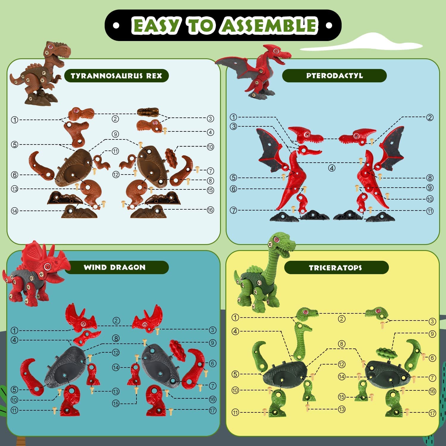 TOY Life 4-Pack Take Apart Dinosaur STEM Toys for Kids Ages 3-12 | Educational Building Construction Set with Tools | Preschool Learning Toys & Toddler Boys Gifts | Perfect for Birthday Parties, Classroom Activities & Creative Play