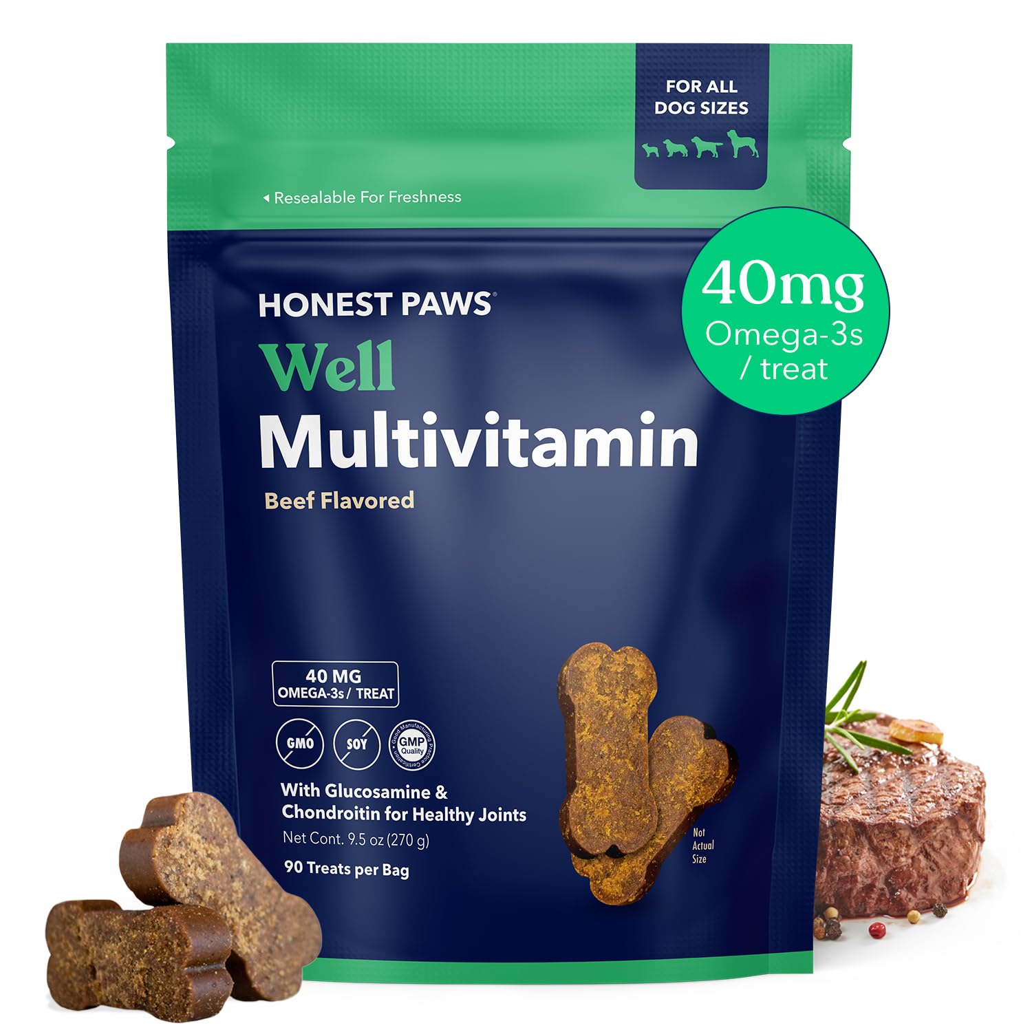 **Honest Paws Dog Multivitamin Soft Chews for Joint Health & Mobility - Glucosamine, Chondroitin & Omega-3 - Supports Healthy Coat, Immune System, Heart & Eyes - Beef Flavor - Perfect for Active & Senior Dogs**