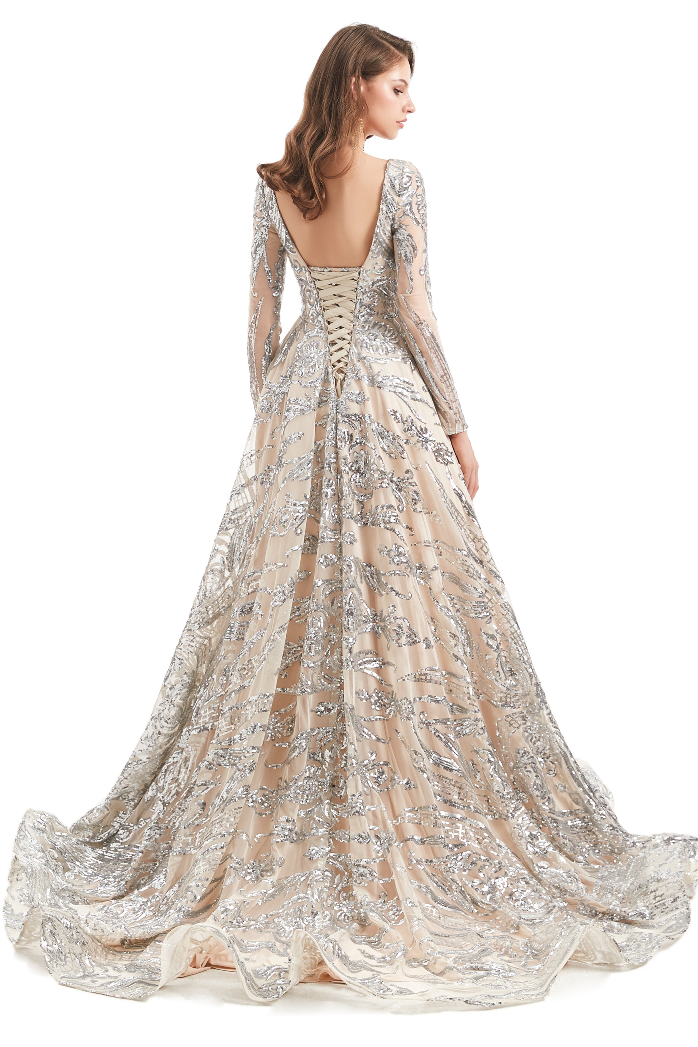 Elegant A-Line Round Lace Sequined Floor-Length Long Sleeve Open Back Prom Dress for Homecoming, Formal Dances & Special Occasions