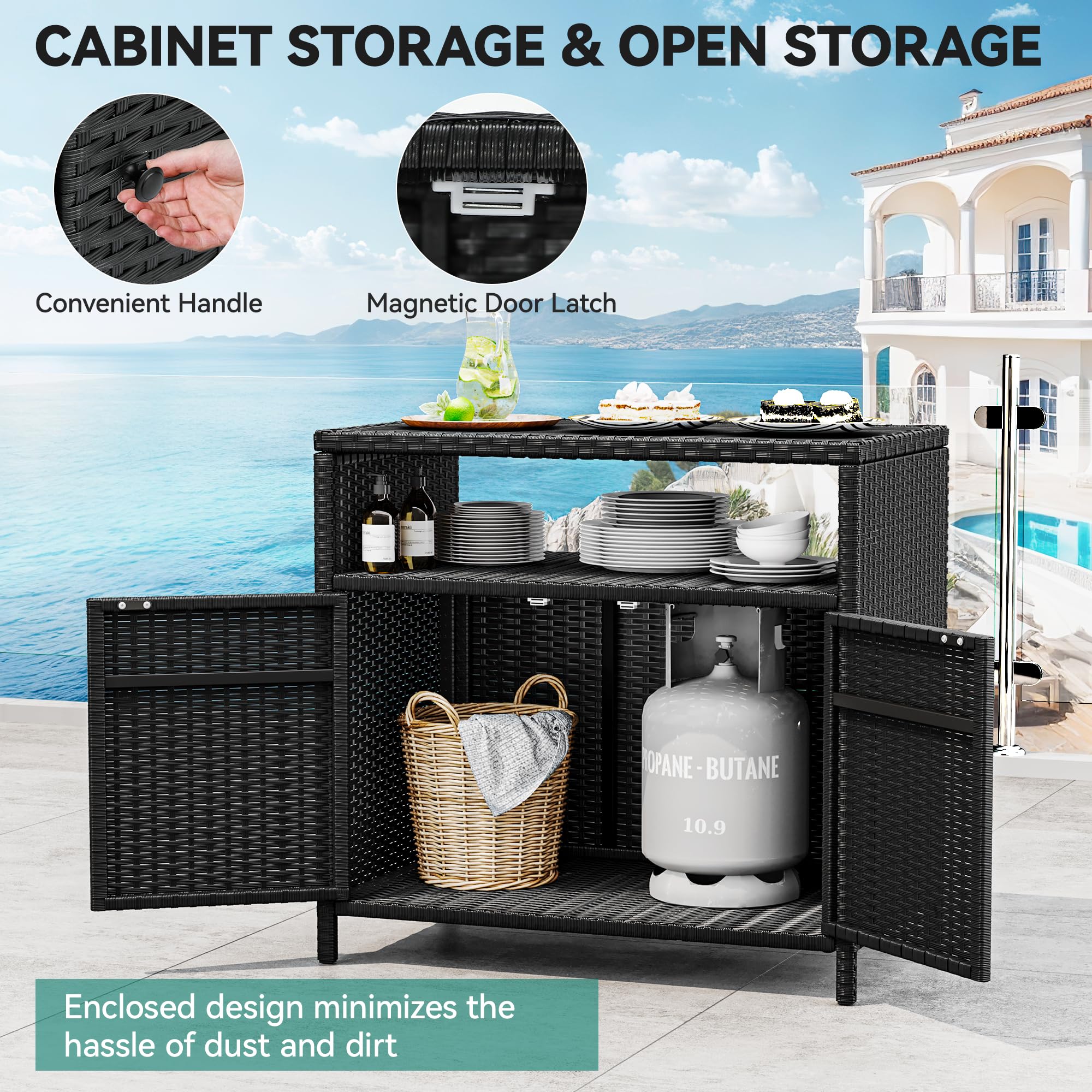 YITAHOME Outdoor Wicker Storage Cabinet with 2 Doors & Shelves - Weatherproof Patio Furniture for Poolside, Garden, and Backyard Organization - Black