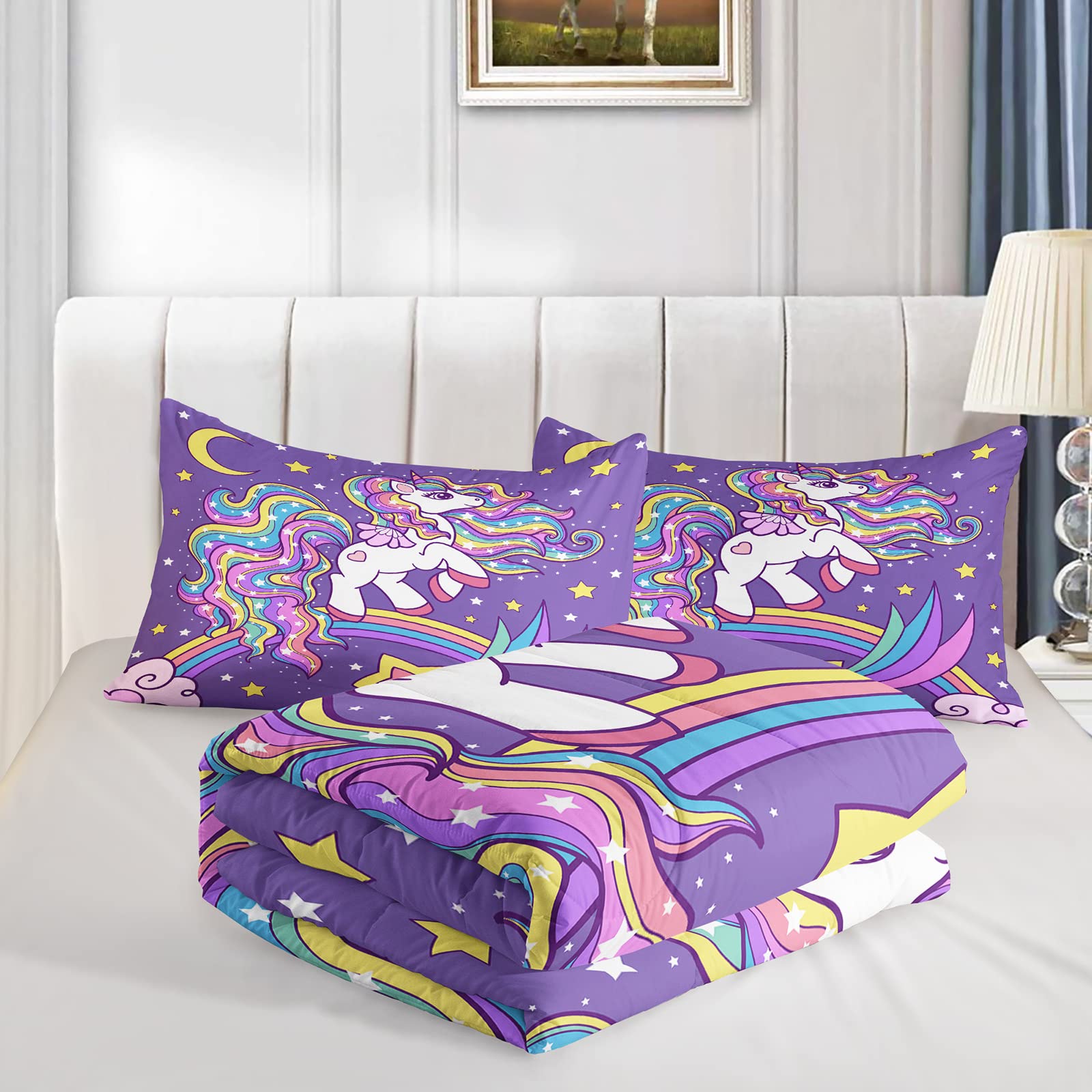 QOOMO Unicorn Comforter Set Queen Size - Rainbow Printed 3-Piece Bedding with 2 Pillowcases | Soft, Lightweight Down Alternative for Kids, Teens & Girls | Perfect for Bedrooms, Sleepovers & Cozy Nights