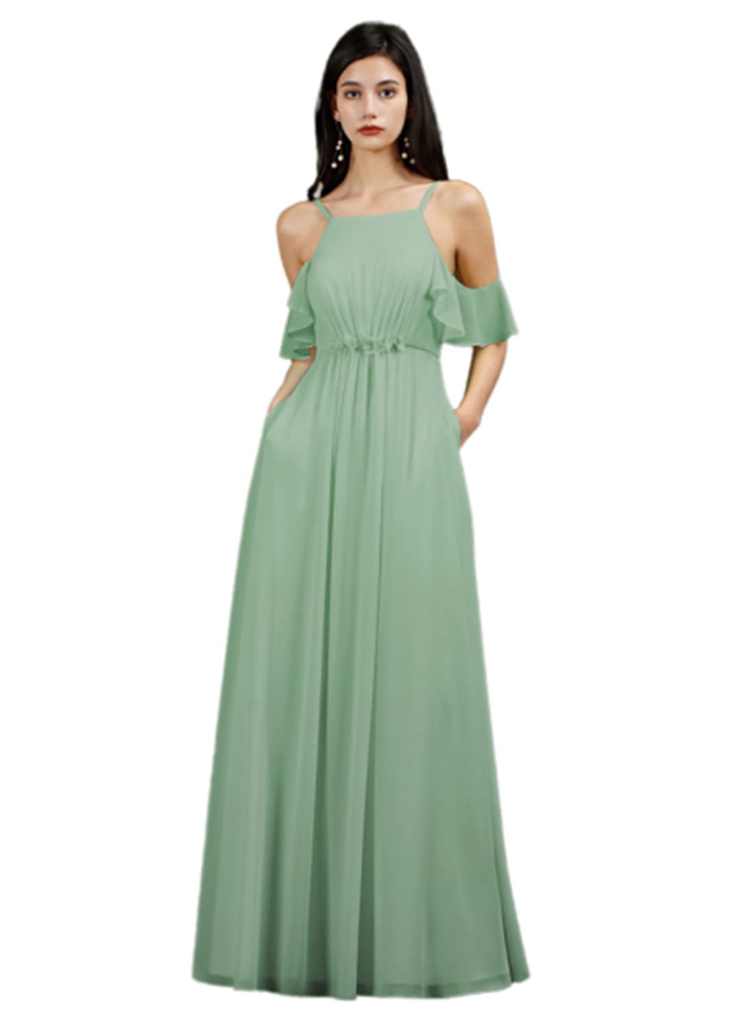 Elegant V-Neck Long Chiffon Bridesmaid Dress with Ruffle Sleeves and Pockets for Wedding Party & Formal Evening Events - Perfect for Bridesmaids, Prom, Cocktail Parties and Special Occasions